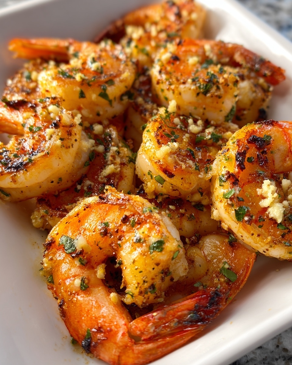 A close-up view of cooked shrimp placed closely together in a white rectangular dish, each shrimp showing an orange-pink outer shell and a lightly charred, golden-yellow interior with a slightly crispy texture. The shrimp are sprinkled with small pieces of white garlic and finely chopped green herbs, giving a fresh contrast on their surface. The dish rests on a white marbled texture. Photo taken with an iphone --ar 4:5 --v 7