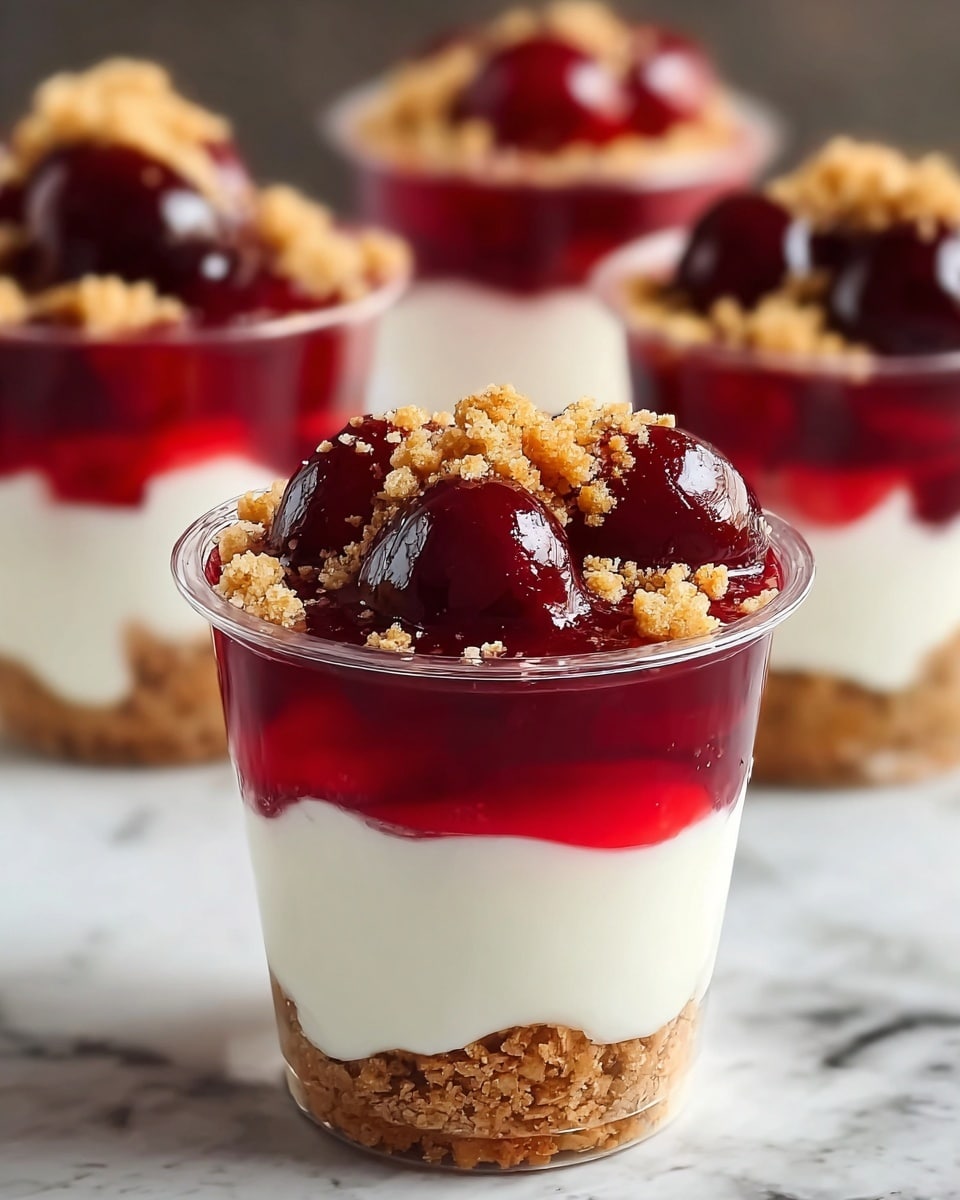 A clear cup filled with a dessert that has four main layers: the bottom layer is bright red cherry jelly, the second layer is white creamy yogurt or mousse, the third layer is a loose golden brown crumb topping, and the top layer is shiny, whole dark red cherries covered in bright red cherry sauce, all sitting on a white marbled surface with three similar cups blurred in the background, photo taken with an iphone --ar 4:5 --v 7