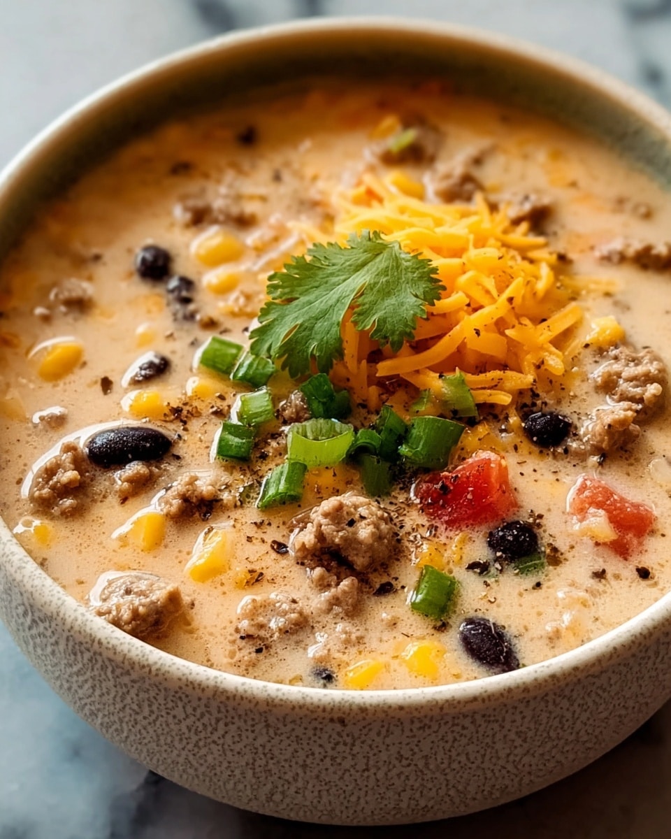A close-up view of a creamy soup in a round white bowl with a speckled texture, filled with a light beige broth mixed with small pieces of ground meat, black beans, diced yellow corn, and red tomato chunks. On top, there is a small pile of bright orange shredded cheese, garnished with chopped green onions and a fresh green cilantro leaf in the center, sprinkled lightly with black pepper. The bowl rests on a white marbled surface. photo taken with an iphone --ar 4:5 --v 7