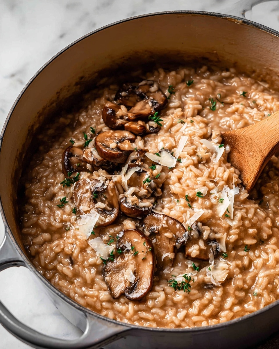 The image shows a close-up of a creamy mushroom risotto in a grey pot. The risotto has a thick, smooth texture with small, plump rice grains in a light brown sauce. Several brown, sliced mushrooms are scattered on top, along with some shreds of white cheese and small sprinkles of green herbs. A wooden spoon is partially stirring the risotto on the right side of the pot. The pot sits on a white marbled surface. photo taken with an iphone --ar 4:5 --v 7