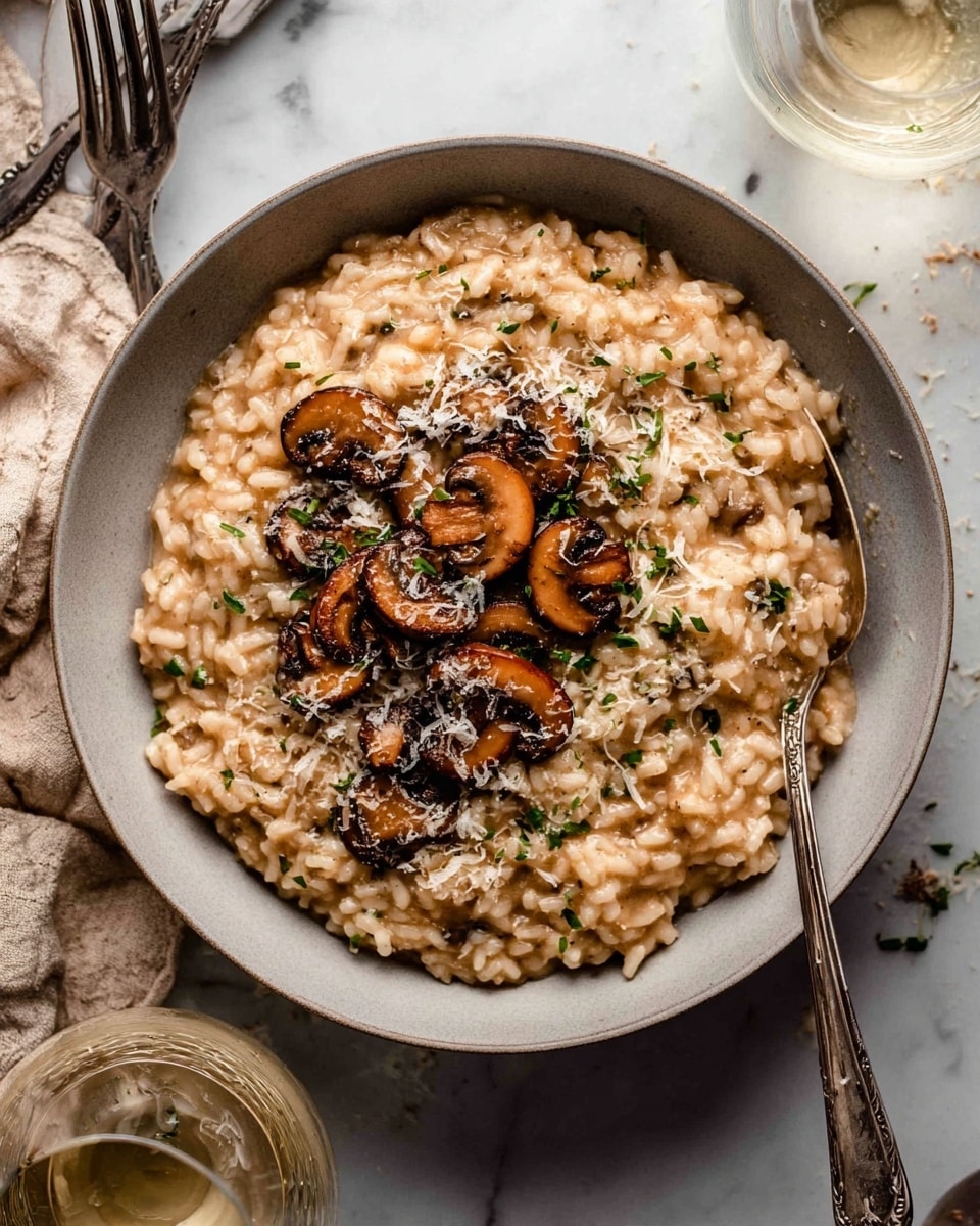 A round white bowl filled with creamy mushroom risotto that has a thick, soft texture with individual rice grains visible, topped with several slices of sautéed brown mushrooms arranged in a loose circle on the surface, sprinkled with finely grated white cheese and small bits of green herbs scattered evenly. A vintage silver spoon rests inside the bowl on the right side, slightly submerged in the risotto. The bowl sits on a white marbled surface with a glass of white wine partially visible in the lower left foreground and a crumpled beige cloth and forks near the upper left edge. Photo taken with an iphone --ar 4:5 --v 7