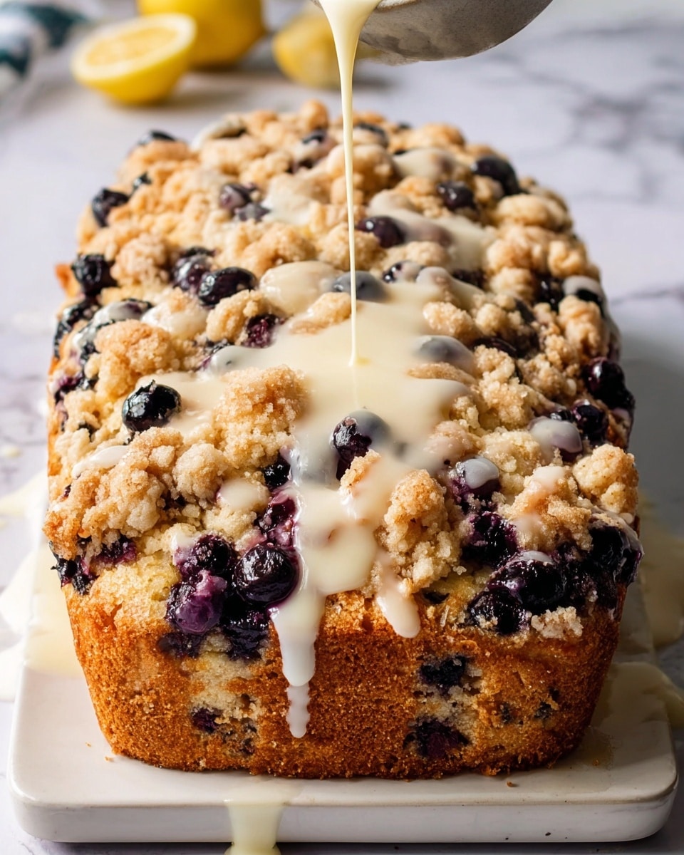 The image shows a golden-brown blueberry cake with a crumbly top layer that is uneven and slightly crunchy in texture. Dark purple blueberries are spread thickly throughout the top and partly baked inside, creating a contrast of color with the light yellow cake and crumbs. A creamy white glaze is being poured over the cake from above, adding a shiny, smooth texture in stripes and dots over the crumb topping. The cake sits on a white rectangular plate set on a white marbled surface, with soft natural light highlighting the warm and inviting look of the dessert. photo taken with an iphone --ar 4:5 --v 7