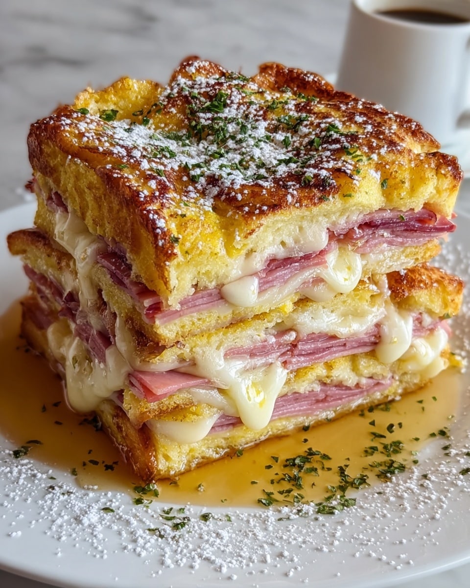 A close-up shot of a thick sandwich featuring multiple layers: the top layer is golden brown and crispy with a slightly uneven texture, topped with green herbs and a light dusting of white powdered sugar. Below it, several slices of pink ham and melted white cheese alternate in thin layers, creating a rich stacked effect. The base is a soft, yellowish bread mixed with some egg, slightly soaked with syrup that pools on the white plate below, also sprinkled with powdered sugar and herbs. The background is a white marbled texture. photo taken with an iphone --ar 4:5 --v 7
