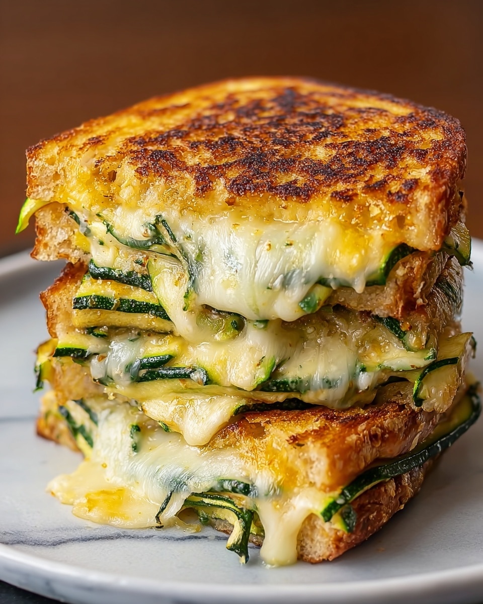 A close-up of a three-layer grilled sandwich with melted, gooey cheese and thin slices of green vegetable, likely zucchini, between each layer. The sandwich bread is golden brown and crispy with a slightly uneven texture, showing grill marks. The melted cheese oozes out between the layers, blending with the green vegetable strips. The sandwich sits on a white plate with a subtle white marbled texture background. photo taken with an iphone --ar 4:5 --v 7