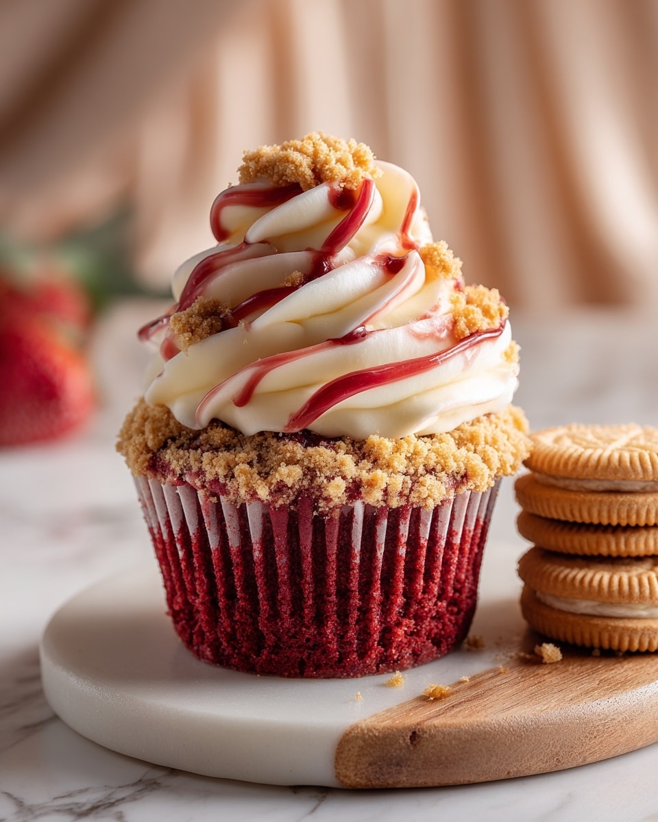 A red velvet cupcake with a white ridged paper liner shows three main layers: the bottom red and soft cake layer with visible texture, a thick middle ring of light brown crumbs pressed around the top edge of the cake, and a large swirl of smooth white frosting on top with spirals of red syrup running through it. The frosting is sprinkled with more crumbs and sits on a white round plate placed on a wooden surface, with three light beige sandwich cookies nearby. The background is a soft focus white marbled texture. photo taken with an iphone --ar 4:5 --v 7