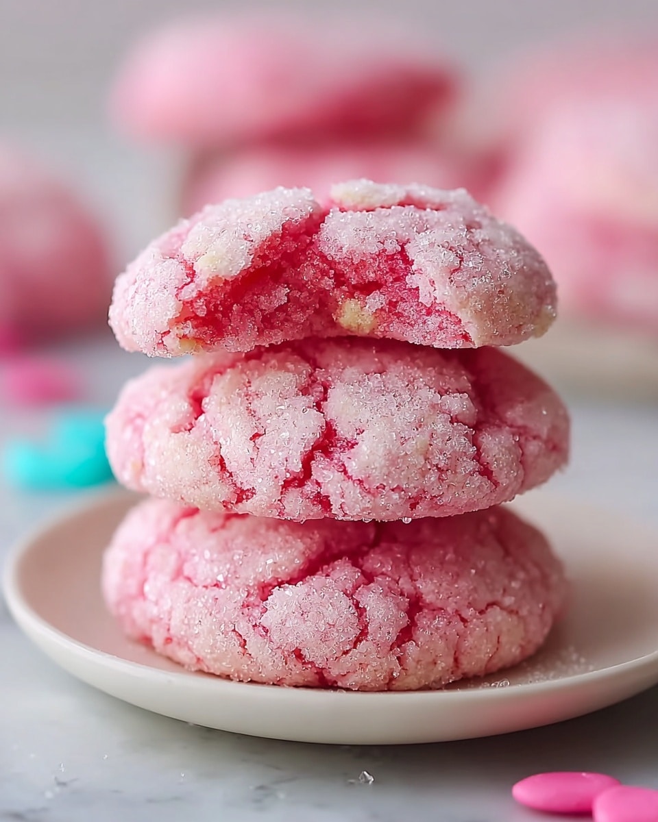 A stack of three soft, pink cookies with a cracked surface covered in granulated sugar sits on a simple white plate. The top cookie shows a small bite taken out of it, revealing the chewy inside with a slightly darker pink shade. The texture of the cookies is crumbly and powdery, and a few more pink cookies are blurred in the background on a white marbled surface. A few small pink candy pieces lie scattered near the plate. photo taken with an iphone --ar 4:5 --v 7