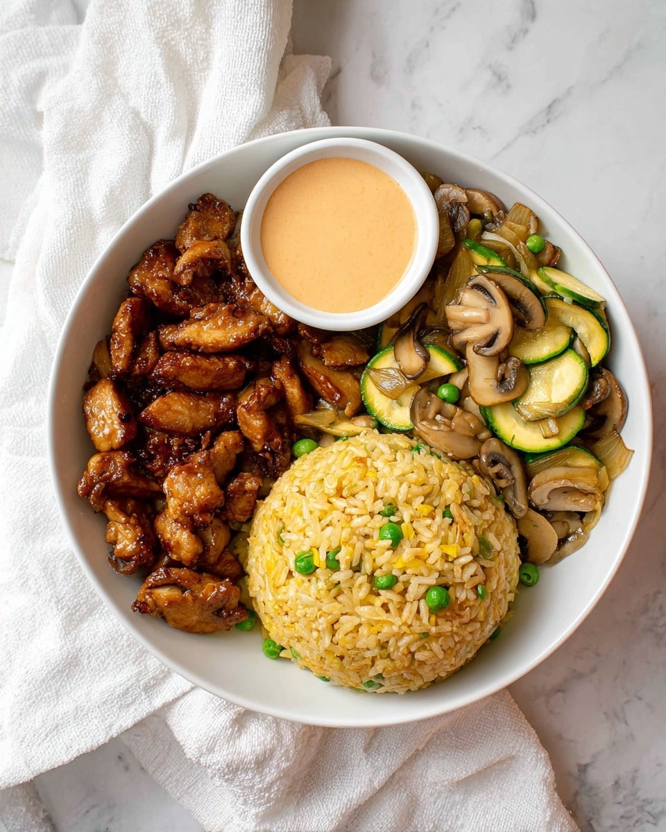 A white bowl contains three main parts: on the left, a portion of glossy, dark brown cooked chicken pieces, next to it at the top is a small white cup filled with a creamy, light orange sauce, to the right of the sauce is a mix of sautéed vegetables including light green zucchini slices, sliced mushrooms with dark brown caps and white undersides, and translucent cooked onions; the largest section on the right holds a dome-shaped serving of fried rice, golden yellow with green peas scattered throughout. The bowl sits on a soft, white cloth over a white marbled surface. Photo taken with an iphone --ar 4:5 --v 7