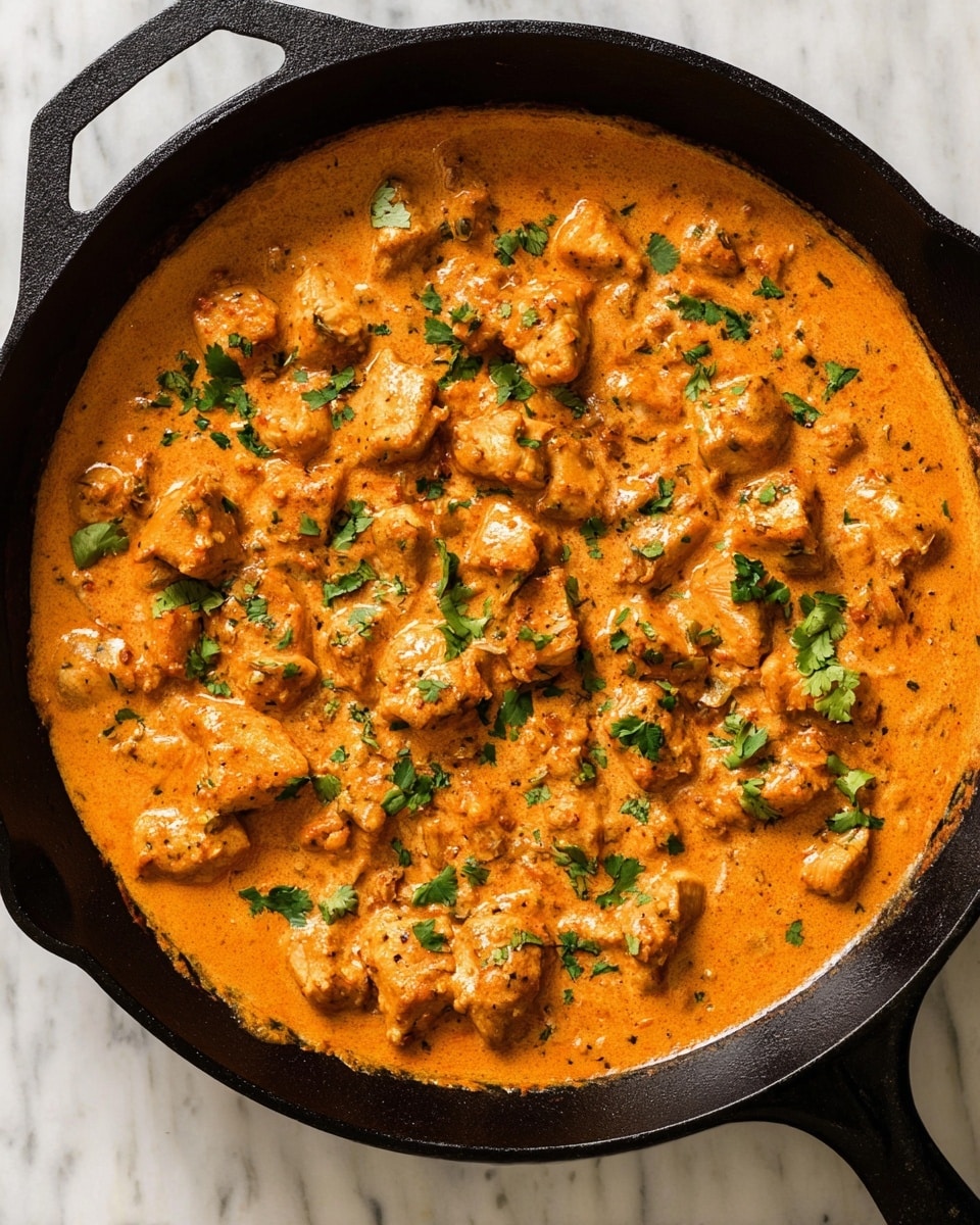 The image shows a white bowl filled with two main layers: on the left side, there is fluffy white rice with a few green herb pieces sprinkled on top, and on the right side, there is a rich orange curry with chunky pieces of chicken coated in creamy sauce, garnished with chopped green herbs. A vintage silver fork rests on the rice side, partially in the bowl. The bowl sits on a white marbled surface with scattered fresh green cilantro leaves around it. photo taken with an iphone --ar 4:5 --v 7