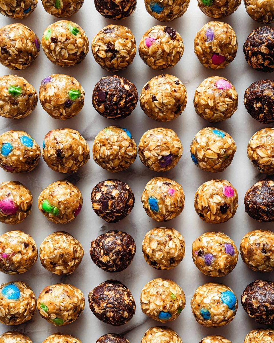 The image shows many small round energy bites spread out evenly on a white marbled surface. There are three main varieties: dark brown bites with visible oats and rich texture, light brown bites with colorful candy-coated chocolate pieces, and medium brown bites with oats and bits of red or multicolored sprinkles. Each bite is smooth but with textured oats visible throughout, and they are closely spaced in rows that fill the entire frame. The lighting shines brightly, highlighting the shiny, slightly sticky surface of the bites. Photo taken with an iphone --ar 4:5 --v 7