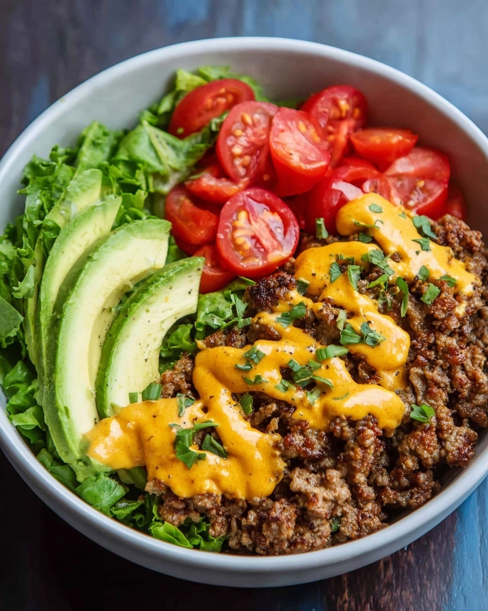 A white bowl shows a colorful dish with four main layers. The bottom layer is fresh green lettuce on the left side and small slices of ripe, bright red tomatoes on the right side. Next to the tomatoes, there are two slices of light green avocado. In the center, there is a thick layer of cooked, crumbled ground beef with a browned texture. On top of the beef is a drizzle of smooth, yellow-orange cheese sauce spread unevenly across. Small green herb leaves garnish the whole dish lightly. The bowl is set on a white marbled surface. Photo taken with an iphone --ar 4:5 --v 7