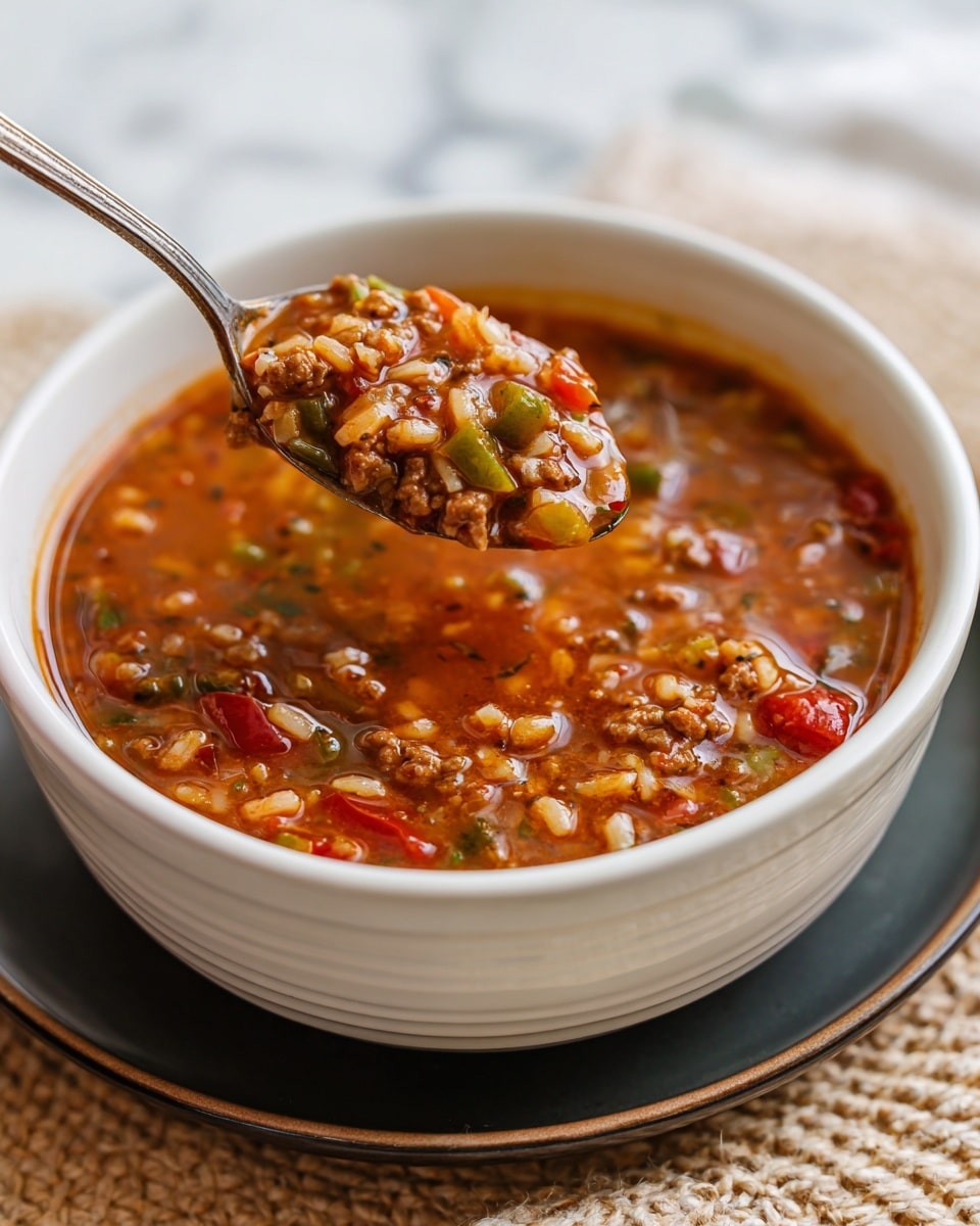 A white bowl filled with a thick, rich soup made of layers of small rice grains, ground meat, and finely chopped vegetables like red and green peppers, all mixed in a warm reddish-brown broth. The soup looks hearty with a slightly chunky texture showing bits of onions and tomatoes. A spoon full of the soup, showing these colorful layers, is held above the bowl. The bowl is placed on a dark round plate over a light beige woven mat, set against a white marbled surface. Photo taken with an iphone --ar 4:5 --v 7
