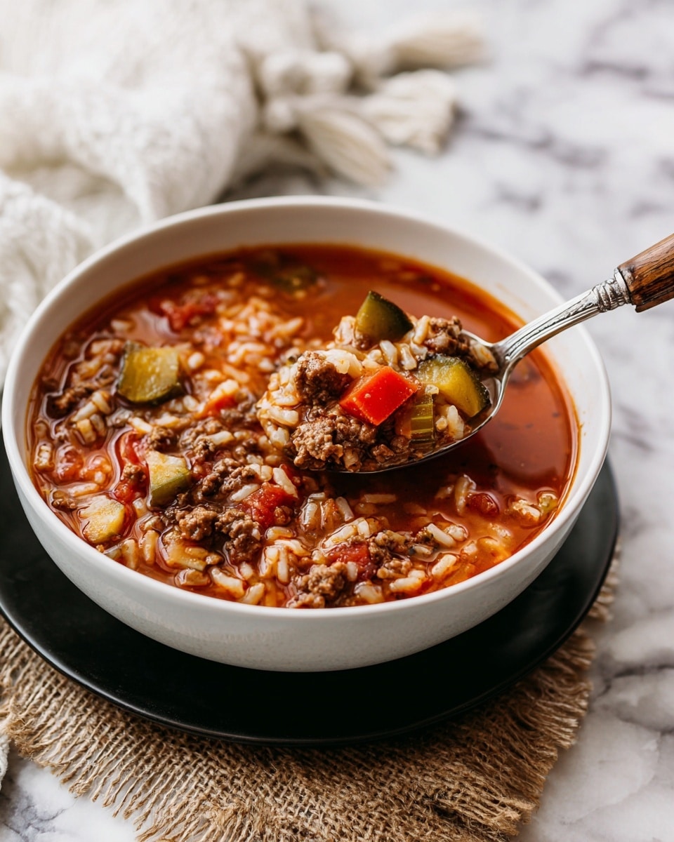 A close-up view of a white bowl filled with thick soup containing rice, small pieces of browned ground meat, diced red and green vegetables, and a rich reddish-brown broth. A wooden-handled metal ladle scoops the soup, showing the texture of the rice and broth clearly. The bowl is set on a black plate with a piece of rough burlap fabric beneath it, all placed on a white marbled textured surface. In the background, a white cloth with tassels and a silver spoon rest nearby. Photo taken with an iphone --ar 4:5 --v 7