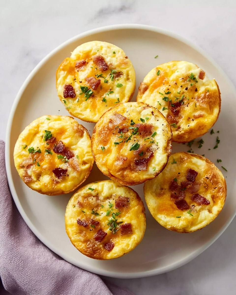 Six mini egg muffins are arranged closely on a white plate, each muffin showing a golden yellow top with bits of orange melted cheese, small crispy brown bacon pieces, and scattered green herbs. The muffins have a slightly browned crust along the edges and a soft, fluffy texture in the center. The plate is set on a white marbled surface with a soft lavender cloth partially visible at the bottom left. photo taken with an iphone --ar 4:5 --v 7