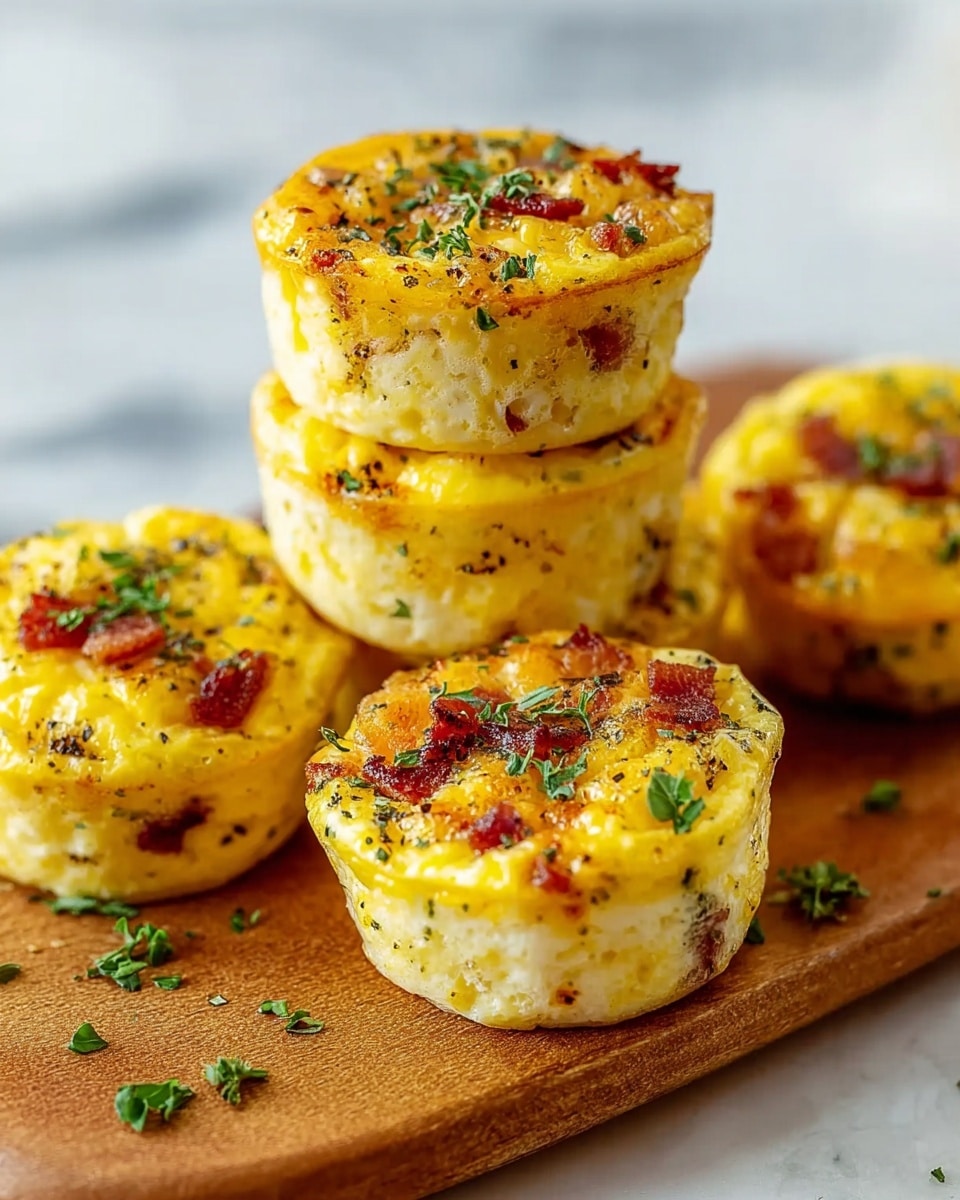 The image shows five egg muffins stacked on a white marbled surface with a wooden board. Each muffin has a slightly browned golden-yellow top sprinkled with small green herb pieces and bits of crispy reddish-brown bacon, creating an uneven textured look. The muffins are light yellow inside, with tiny dark herb spots and bacon pieces visible throughout the soft, fluffy layers. Two muffins rest on the wooden board with one stacked on top, while the others sit beside them, showing their round shape and clear individual layers. Some green herb bits are scattered on the wooden board and surface around them. photo taken with an iphone --ar 4:5 --v 7