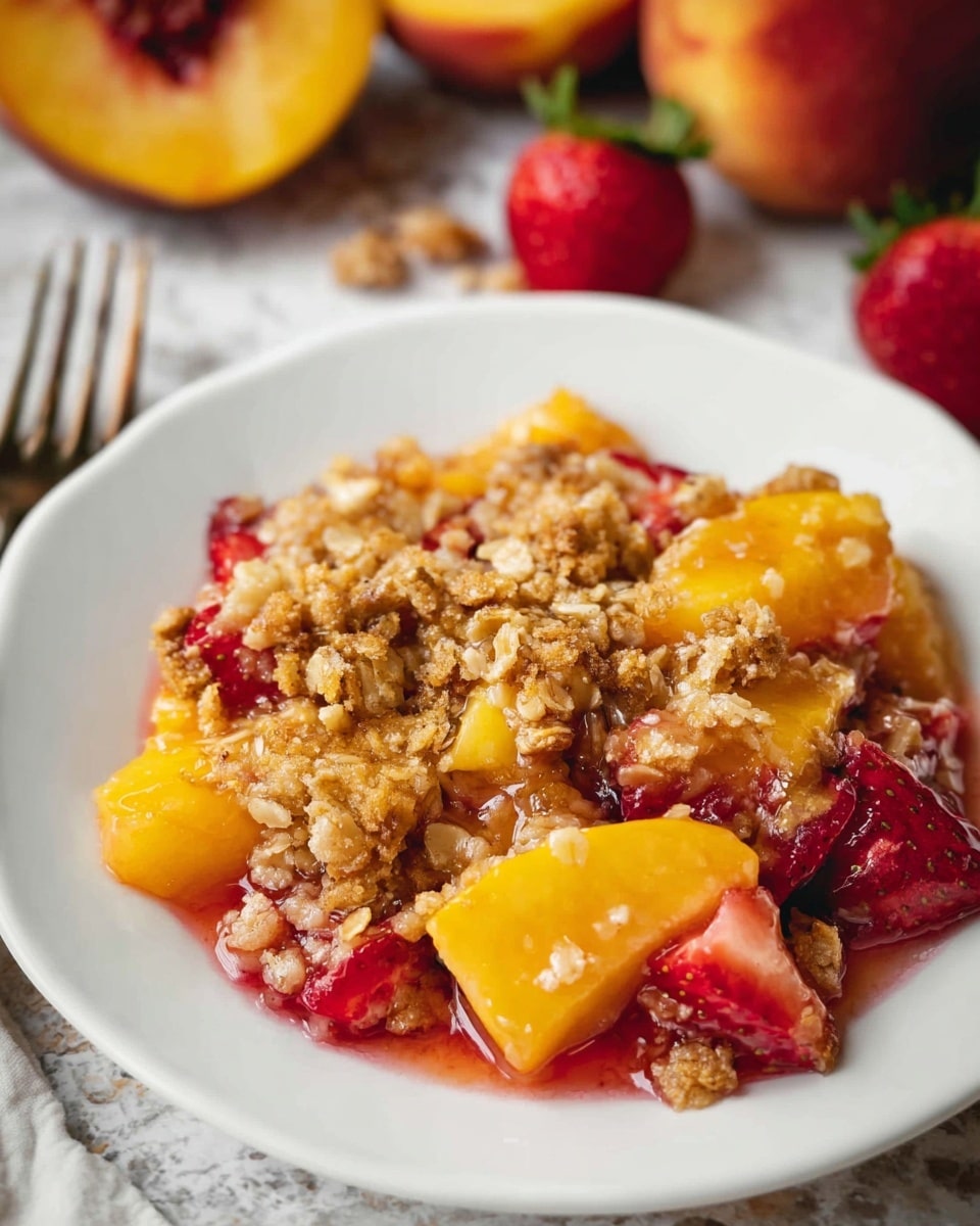 The image shows a close-up of a white plate filled with a fruit crumble dessert. The bottom layer is made up of bright yellow peach chunks and red strawberry pieces, both soft and juicy. On top, there is a golden-brown crunchy oat crumble that looks crumbly and textured, covering most of the fruit. The fruit juices are slightly bubbling around the edges, giving a glossy look to the dessert. The background has a white marbled texture with a fork placed next to the plate and a half peach and whole strawberries blurred in the background. Photo taken with an iphone --ar 4:5 --v 7