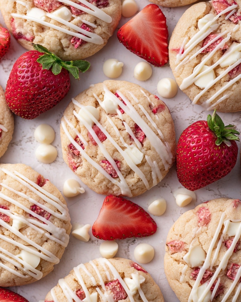The image shows several round cookies with a light golden color, each dotted with pieces of red strawberry and white chocolate chips. The cookies have thin white icing drizzled in diagonal lines across the top, adding a textured look. Among the cookies are whole and half strawberries with bright red skin and green leafy tops. Scattered white chocolate chips add more detail to the scene. The cookies and fruits rest on a white marbled textured surface. photo taken with an iphone --ar 4:5 --v 7