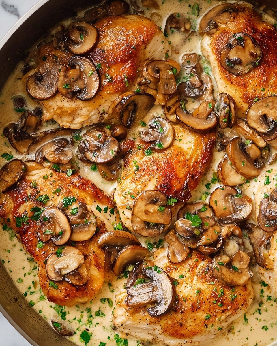This dish shows five pieces of golden-brown cooked chicken breasts arranged closely in a pan. On top and between the chicken pieces, there are many light brown mushroom slices with dark centers. The dish is covered with a light creamy sauce mixed with small green herb bits scattered all over, adding fresh color. The texture of the sauce looks smooth and slightly thick, filling the spaces around the chicken and mushrooms. The background is a white marbled texture, emphasizing the warm colors of the dish. photo taken with an iphone --ar 4:5 --v 7