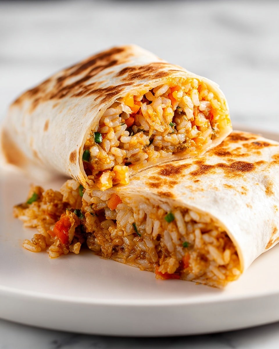 A close-up image of a burrito cut in half, placed on a white plate over a white marbled texture. The burrito has a light brown toasted tortilla with small char marks on the surface. Inside, there are at least three visible layers: a base layer of white rice mixed with small pieces of orange and green vegetables, a middle layer of cooked ground meat or beans with a reddish sauce, and a top layer of melted light yellow cheese that stretches slightly between the two halves. The filling looks moist and tightly packed, with some small bits of tomato and green herbs mixed in. Photo taken with an iphone --ar 4:5 --v 7