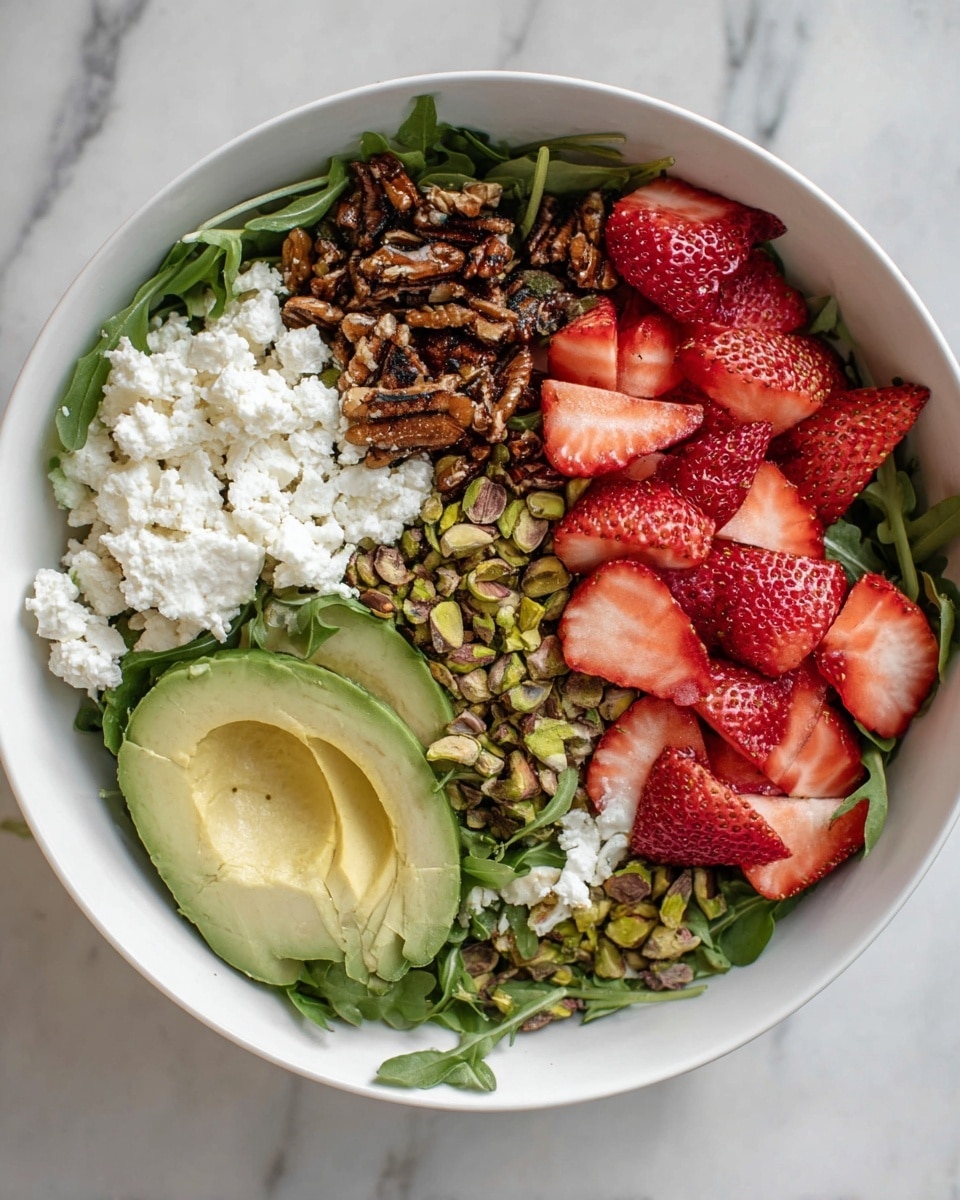 A white bowl filled with a fresh salad sits on a white marbled surface. The base layer consists of green arugula leaves spread over the bottom. On top, there are five distinct sections: bright red sliced strawberries in the upper right, crumbled white cheese in the lower center, chopped green pistachios below the strawberries, a small pile of dark brown roasted nuts and seeds on the upper left, and half an avocado with a smooth light green inside and visible cuts placed on the left side. The ingredients are neatly arranged without mixing. Photo taken with an iphone --ar 4:5 --v 7