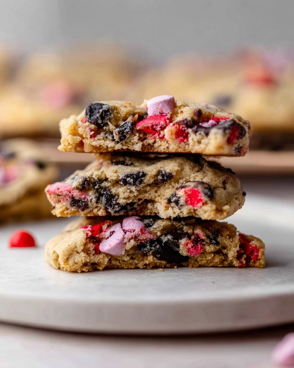 The image shows a close-up of three thick, soft cookies on a white marbled surface with a wooden board behind them. Each cookie has a light golden brown base with chunks of crushed black and white Oreo pieces scattered unevenly on top. Pink, red, and white candy-coated chocolate pieces are embedded throughout each cookie, adding pops of bright color. The texture is slightly cracked and chewy, with the candy and cookie bits visibly sunk into the dough. Some loose candy pieces are scattered near the cookies on the surface. photo taken with an iphone --ar 4:5 --v 7