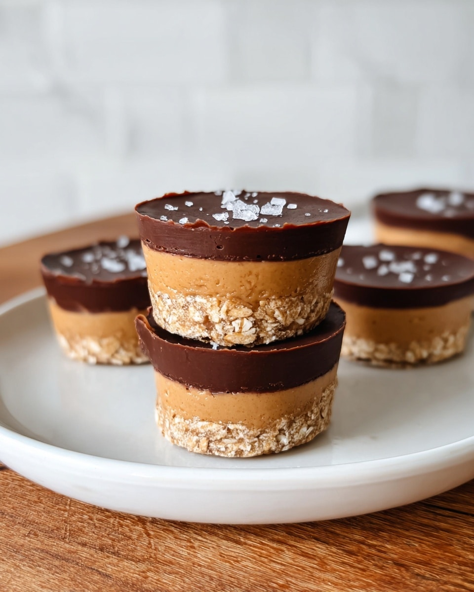 The image shows a stack of three round mini desserts placed on a white plate, each dessert made of three layers. The bottom layer is light brown with visible oats embedded in a slightly sticky texture. The middle layer is a smooth, creamy peanut butter-like brown with a soft matte finish. The top layer is a dark, glossy chocolate layer sprinkled lightly with coarse sea salt flakes. Behind the stack on the same plate are three more identical desserts arranged casually. The plate sits on a wooden surface with a white marbled textured background behind. photo taken with an iphone --ar 4:5 --v 7