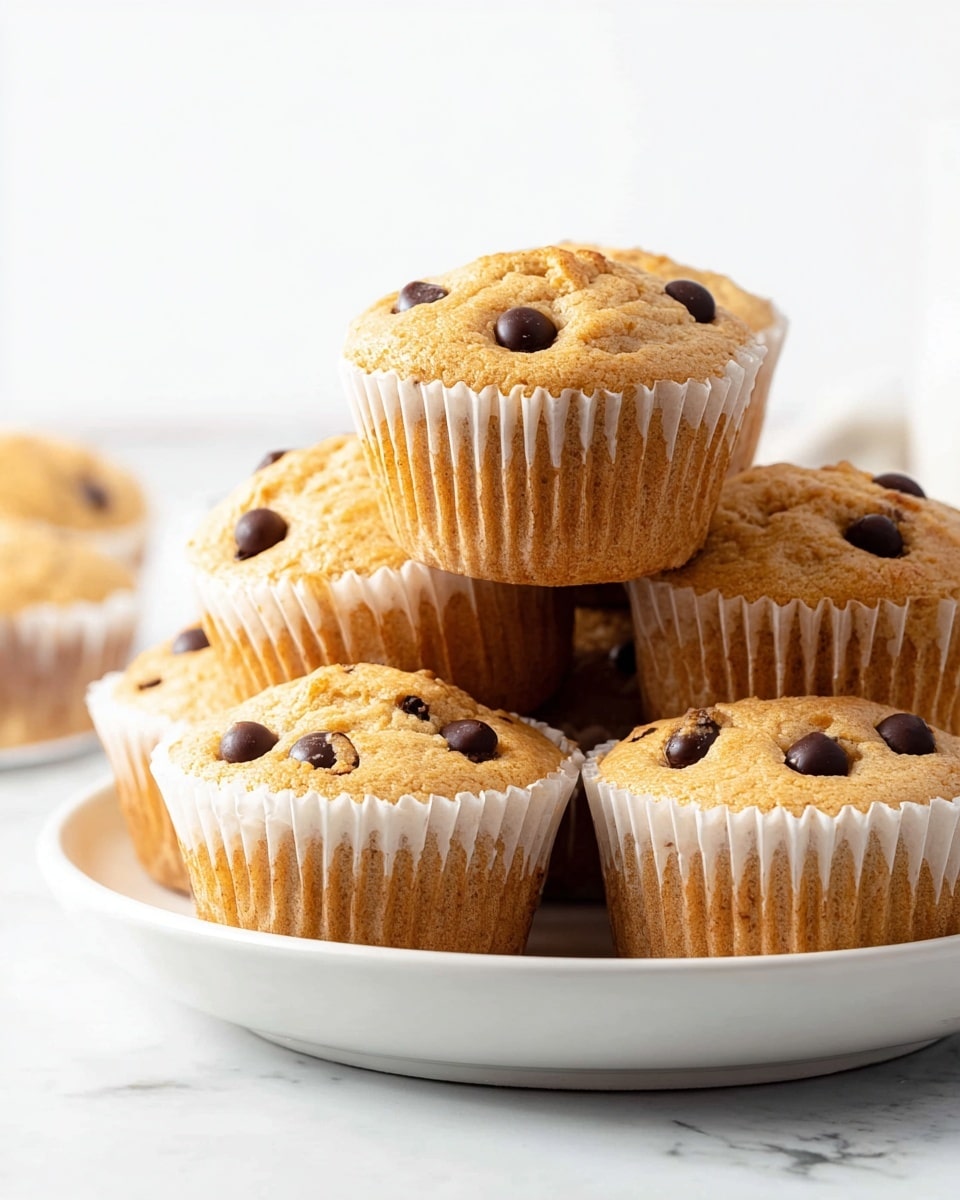 A white plate holds a pile of seven golden brown muffins, each wrapped in white paper liners with visible ridges. The muffins have a soft, slightly cracked texture and are topped with scattered round dark chocolate chips that add a shiny contrast to the matte muffin surface. The muffins are stacked close together on a white marbled surface, with one muffin sitting prominently on top in the middle, making it the focal point. The background is clean and bright, keeping the focus on the muffins. Photo taken with an iphone --ar 4:5 --v 7