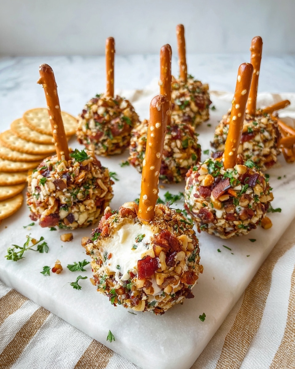 The image shows eight small round cheese balls on a white marble board, each covered with a mixture of chopped nuts, bacon bits, and green herbs on the outside, giving them a rough and colorful texture. Each cheese ball is pierced in the center by a pretzel stick standing upright, adding a vertical brown, slightly glossy element. The cheese inside is creamy white and soft, visible in some spots. The background includes a soft, light cloth with beige stripes and a few round crackers on the left side on the white marbled surface. Photo taken with an iphone --ar 4:5 --v 7