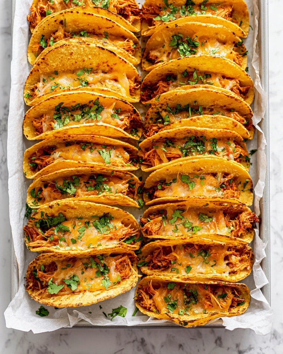 Six small round corn tortillas are laid out on a worn metal baking tray with a white marbled texture beneath. Each tortilla has a middle layer of shredded cooked chicken that is light brown, topped with a scattered layer of yellow and white shredded cheese. The chicken looks tender and juicy, while the cheese has a soft texture and is not melted yet. The tortillas are evenly spaced in two rows of three. Photo taken with an iphone --ar 4:5 --v 7