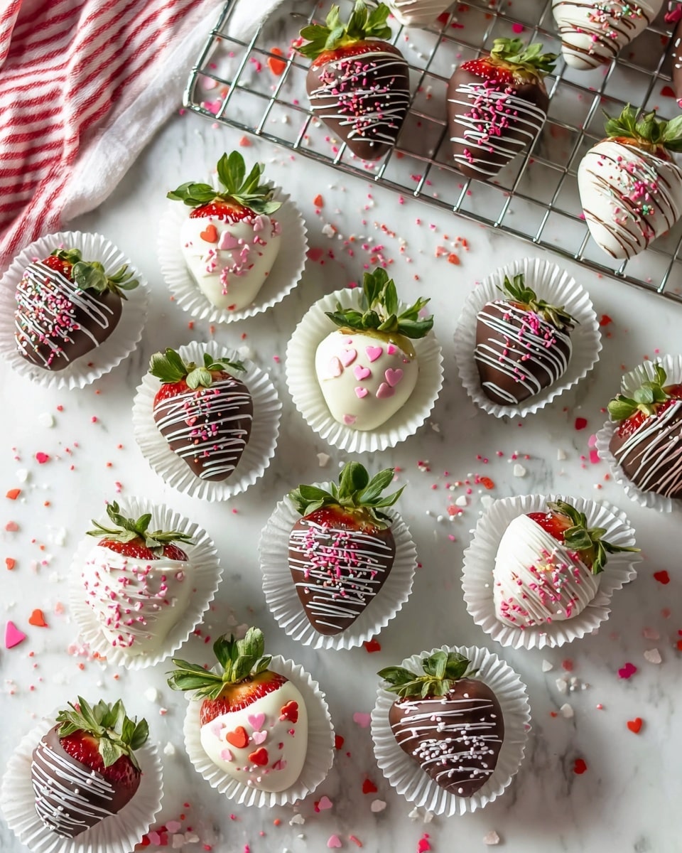 The image shows many large strawberries covered in chocolate on a white marbled surface. Some strawberries are dipped in dark chocolate, others in white chocolate, each decorated with small red, pink, and white heart-shaped and round sprinkles. Some white chocolate strawberries have thin dark chocolate lines drizzled over them while a few dark chocolate ones have white chocolate lines. The strawberries are placed in white paper cups, with their green leafy tops still attached. In the top left corner, some strawberries rest on a metal cooling rack with a red and white striped cloth nearby. There are sprinkles scattered around the strawberries on the surface. photo taken with an iphone --ar 4:5 --v 7