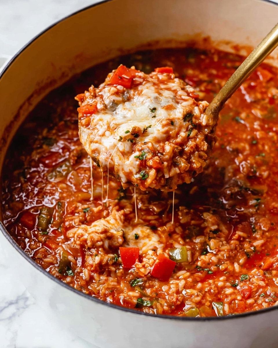 A close-up of a white pot filled with a thick, chunky tomato-based stew. The stew has a rich deep red color mixed with bits of orange and green, showing pieces of cooked bell peppers and herbs scattered throughout. There is a layer of melted, stringy white cheese blending into the stew, adding a creamy texture. A gold ladle sits in the pot, lifting a portion of the stew that highlights the mixture of soft tomatoes, rice or grains, and melted cheese strands. The pot's creamy white inside contrasts with the vibrant stew, all set against a white marbled surface. Photo taken with an iphone --ar 4:5 --v 7
