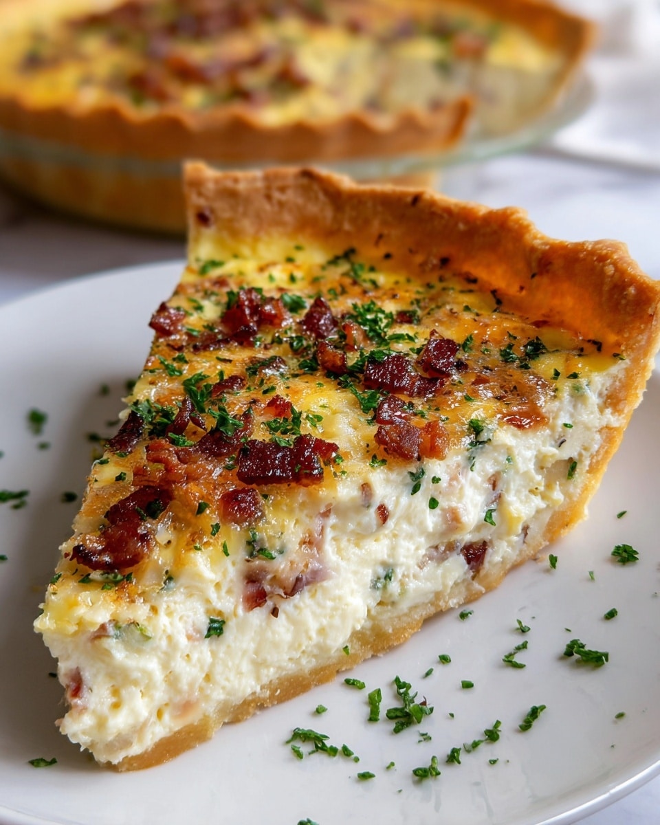 A close-up of a single slice of quiche on a white plate with a white marbled background shows three main layers: a golden-brown, slightly crispy crust at the bottom with a flaky texture, a thick creamy white filling speckled with green herbs and small pieces of what looks like bacon or ham, and a golden-yellow top layer that is slightly browned with scattered bits of browned bacon and finely chopped green herbs evenly spread over it, some herbs also scattered on the plate around the slice, with another whole quiche blurred in the background. photo taken with an iphone --ar 4:5 --v 7