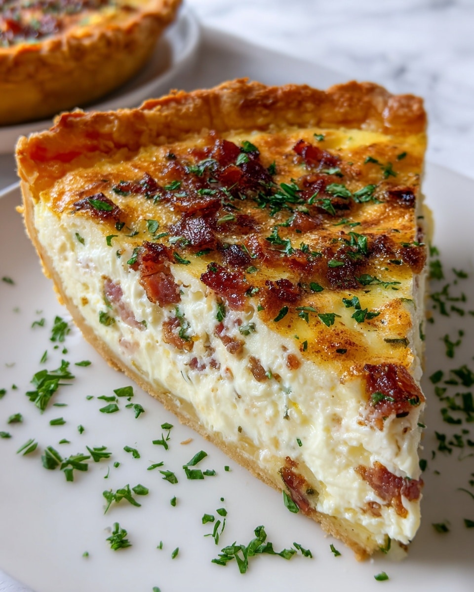 The image shows a slice of creamy quiche with three main layers, placed on a white plate on a white marbled surface. The bottom layer is a golden-brown flaky crust with a slightly rough, crisp texture. The middle layer is thick and creamy, white to light yellow in color, filled with visible small pieces of cooked bacon and green herbs. The top layer is lightly browned and slightly bubbly, golden-yellow with scattered darker brown bacon pieces and finely chopped green herbs on the surface. Some chopped herbs are also sprinkled around the plate for decoration. Photo taken with an iphone --ar 4:5 --v 7