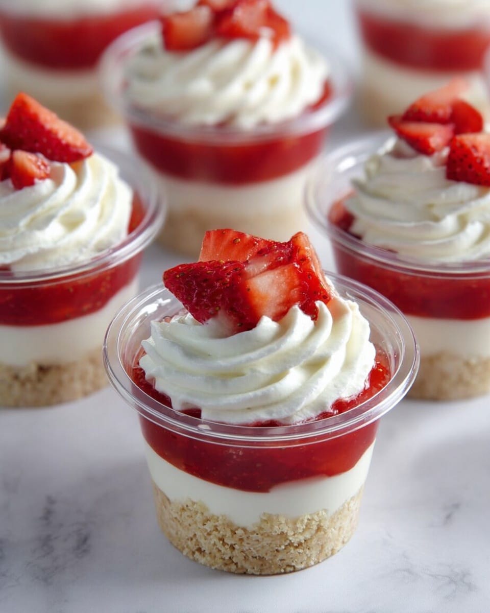 Clear small cups hold a layered dessert with three visible layers. The bottom layer is crumbly and light beige, resembling crushed cookies or cake. The middle layer is bright red and smooth, looking like strawberry jam or puree. The top layer is white whipped cream with soft ridges from piping, swirled all around. On top of the whipped cream, there are small chunks of fresh, bright red strawberries placed in the center. The cups are all set on a white marbled surface, showing a clean and fresh look. photo taken with an iphone --ar 4:5 --v 7