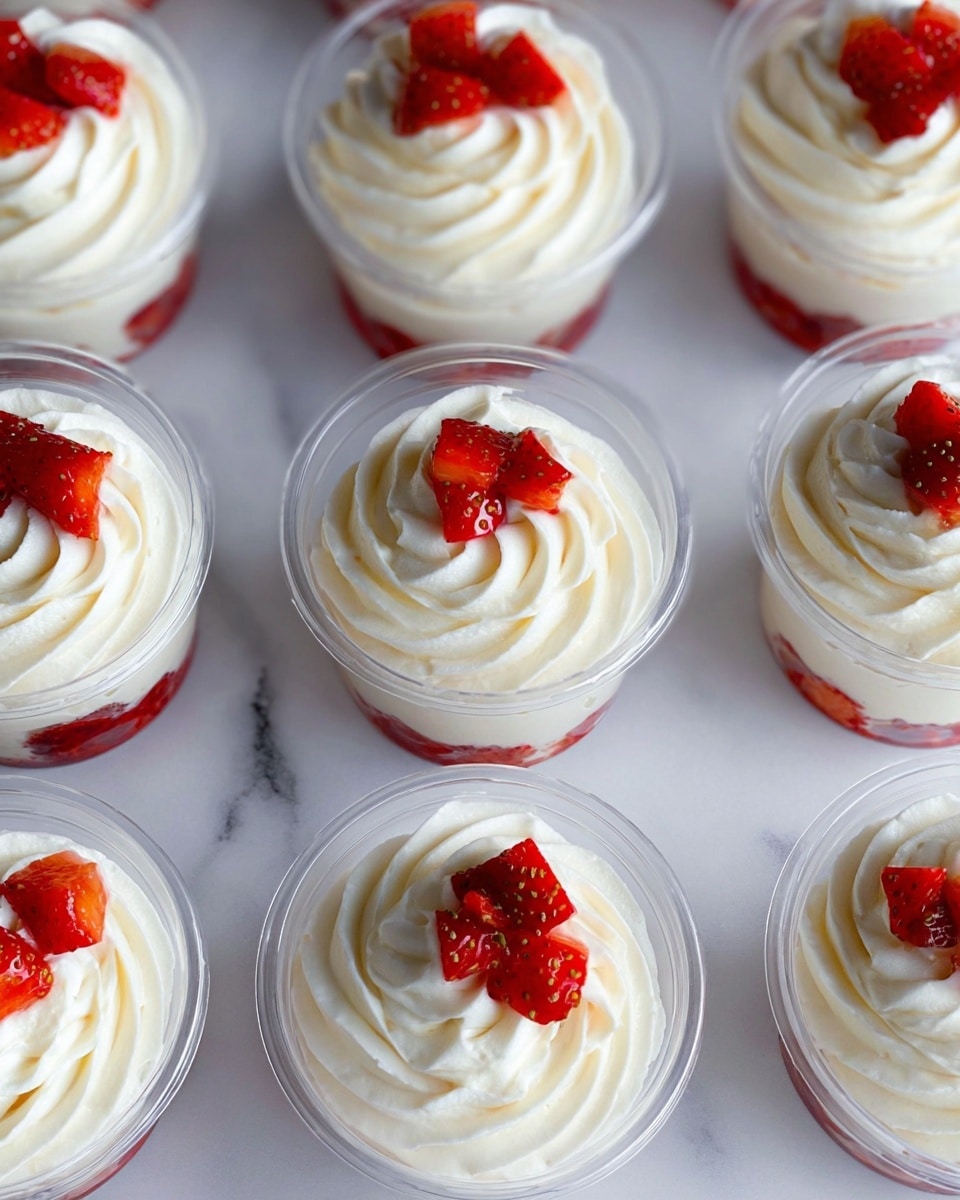 The image shows several small clear cups filled with a dessert placed on a white marbled surface. Each cup has two visible layers: the bottom layer is a red strawberry mixture, and the top layer is a thick swirl of creamy white frosting or whipped cream. On top of each swirl, there are a few small pieces of chopped fresh strawberries, adding bright red and slightly shiny contrast to the smooth white cream. The cups are evenly spaced and all identical in size, showing a consistent trend in appearance. photo taken with an iphone --ar 4:5 --v 7