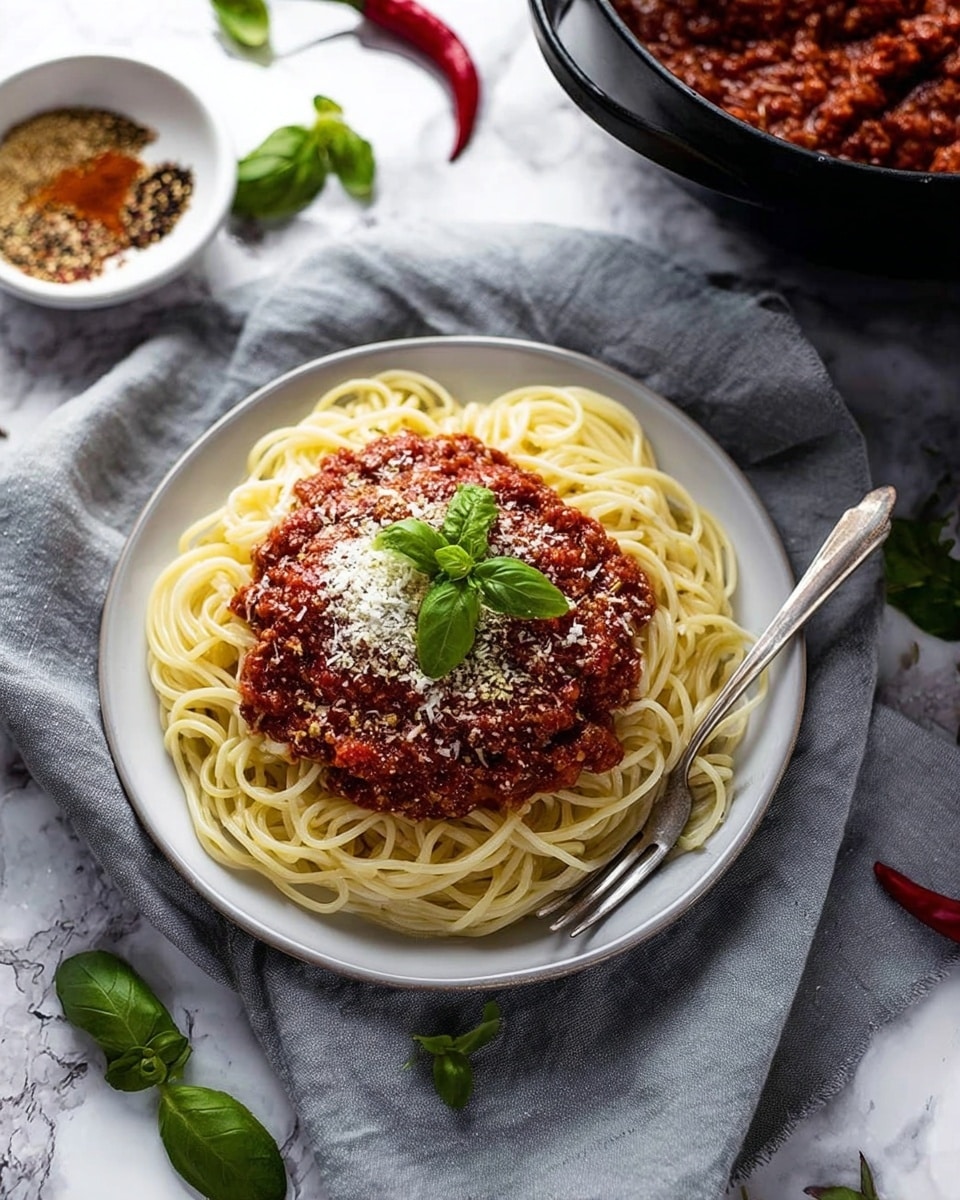 A close-up view of a deep black pan filled with thick red tomato sauce mixed with small bits of cooked ground meat and visible herbs, giving it a textured and hearty look. A wooden spoon is partially dipped into the sauce on the right side, showing the rich and slightly chunky consistency. The background has green basil leaves and a small white bowl with coarse spices slightly out of focus, resting on a white marbled surface. photo taken with an iphone --ar 4:5 --v 7