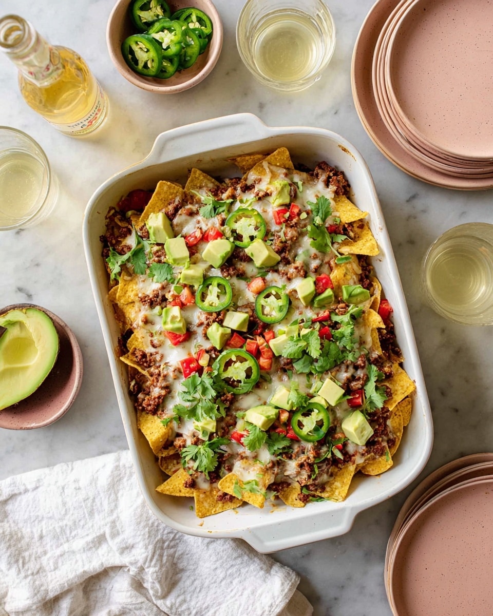 A close-up of a white dish filled with one layer of yellow tortilla chips covered with melted white cheese sauce, scattered cooked ground meat in small brown chunks, and topped with bright green slices of avocado, red diced bell peppers, green sliced scallions, and fresh green cilantro leaves. The chips show some bubbles and slightly toasted edges. The background surface is white marbled texture. Photo taken with an iphone --ar 4:5 --v 7