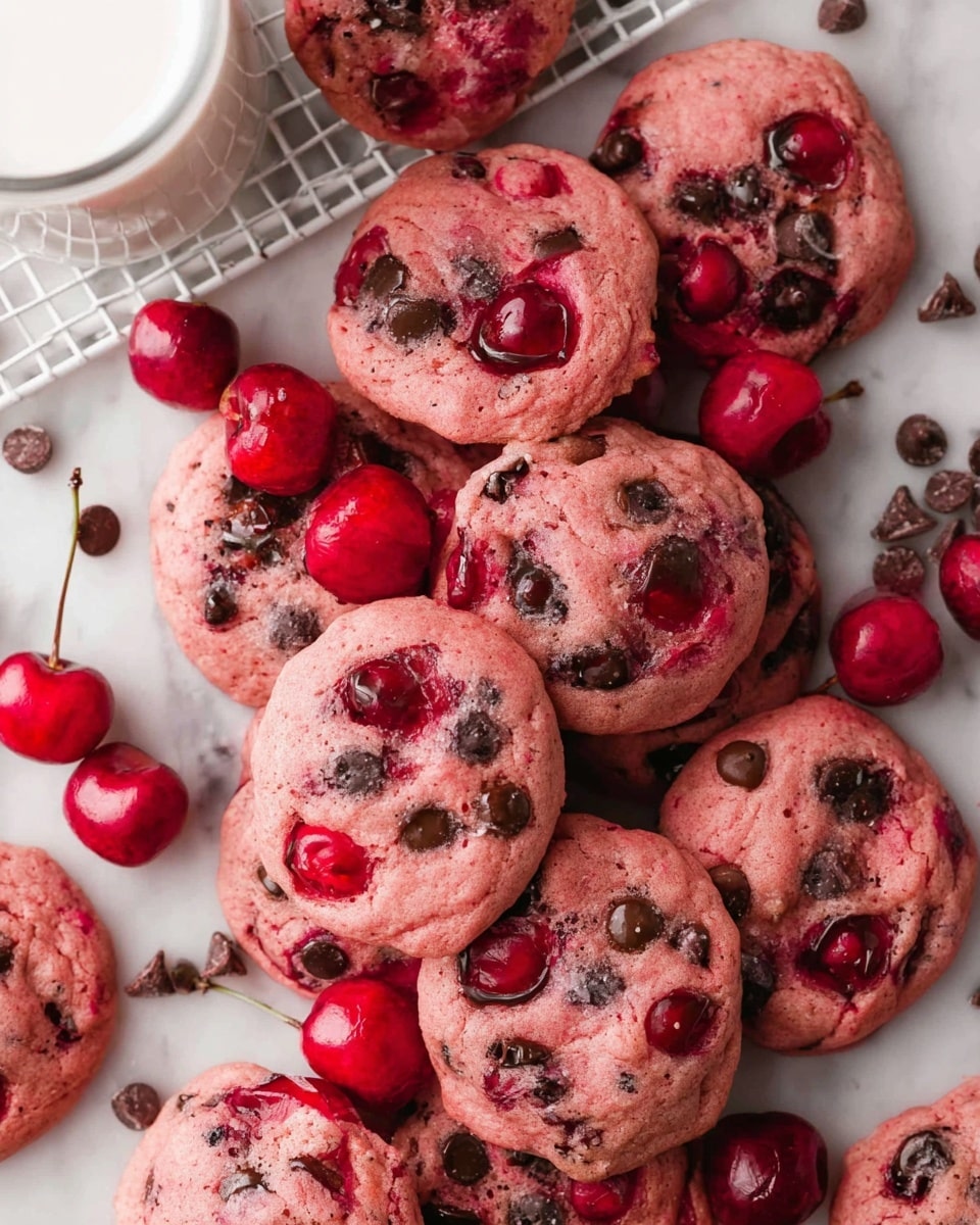 A close-up view of many soft, round pink cookies scattered on a white marbled surface, each cookie filled with dark chocolate chips and pieces of bright red cherries. Some cookies show shiny whole cherries with stems, adding a pop of red. The texture of the cookies looks slightly fluffy and moist. A white bowl filled with milk and a white cooling rack with more cookies are visible on the left. Loose chocolate chips and cherries are scattered around the cookies, creating a colorful and inviting scene. photo taken with an iphone --ar 4:5 --v 7