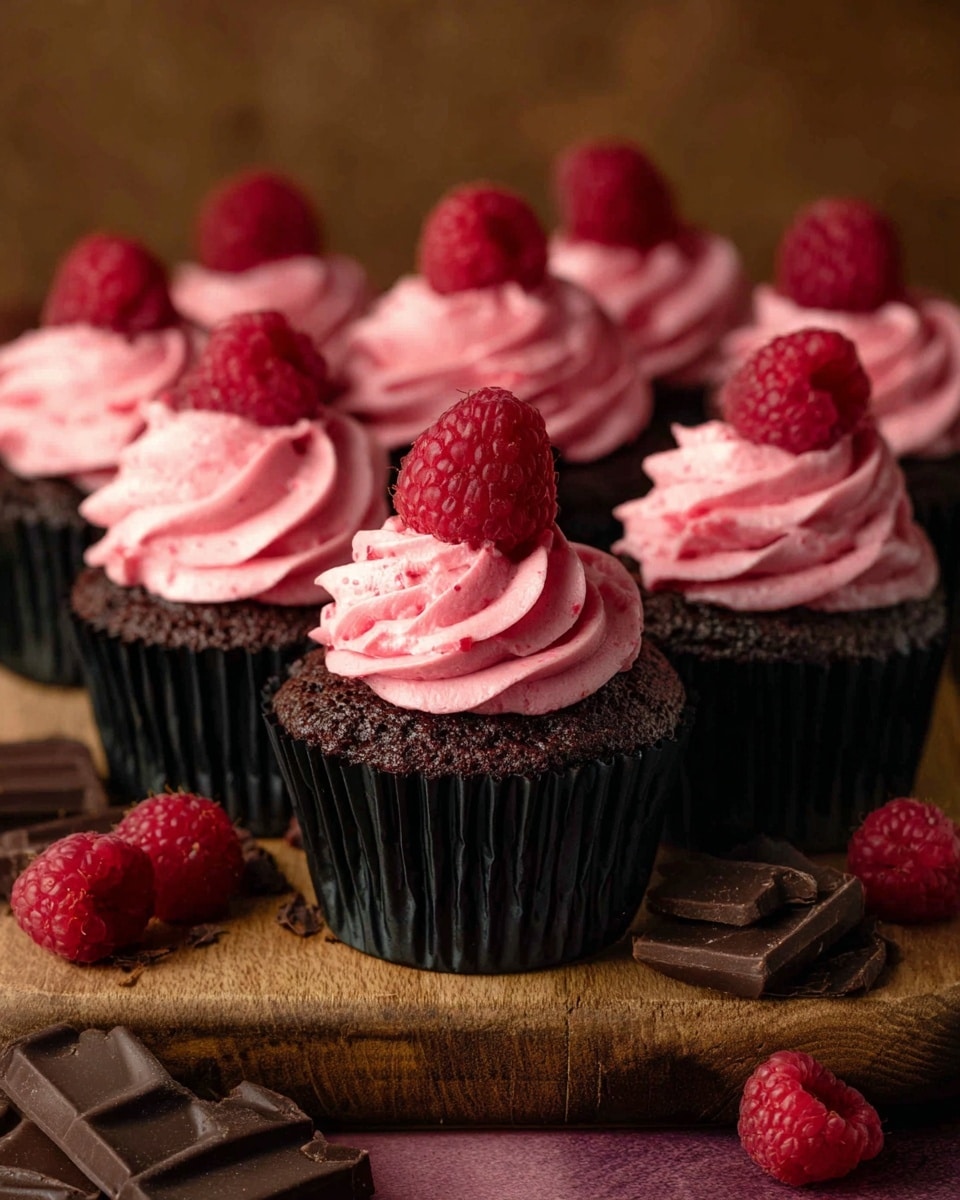 There are seven dark chocolate cupcakes arranged on a wooden board, each topped with a swirl of bright pink raspberry frosting. On top of each frosting swirl sits a fresh, whole raspberry. Around the board, there are scattered pieces of dark chocolate and several whole raspberries. The background has a warm brown tone, and the cupcakes have black paper wrappers. The texture of the frosting looks creamy and smooth, with little specks of raspberry visible. photo taken with an iphone --ar 4:5 --v 7