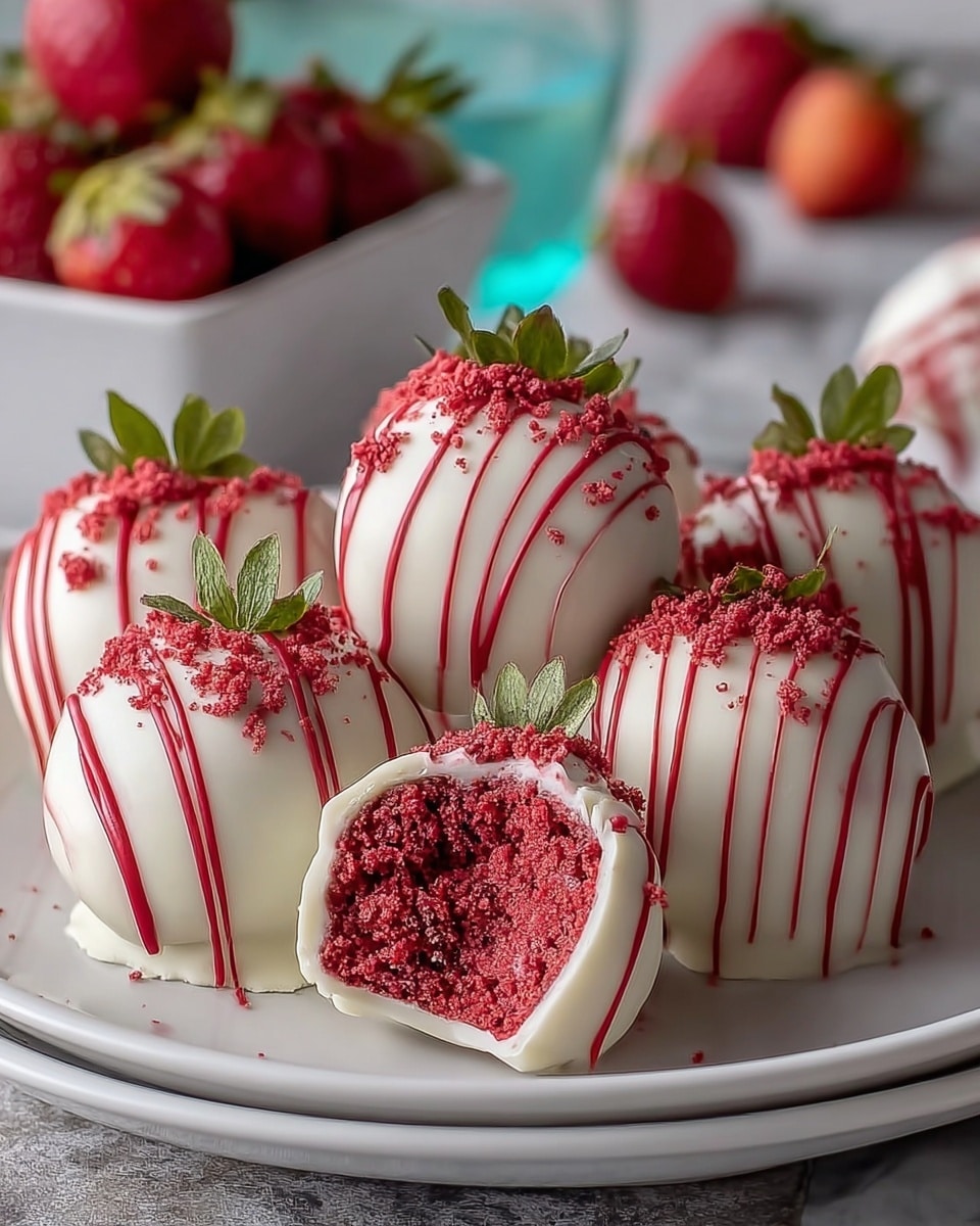 The image shows six round cake balls on a white plate, each covered in smooth white chocolate with thin red drizzles running vertically down the sides. The tops of the cake balls are sprinkled with red cake crumbs, and each has a small green strawberry leaf attached at the top for decoration. One cake ball is bitten into, revealing a dense, moist red interior that contrasts with the white outer layer. The plate is set on a white marbled surface, with a blurred pool and fresh strawberries in the background, creating a fresh and inviting scene. photo taken with an iphone --ar 4:5 --v 7