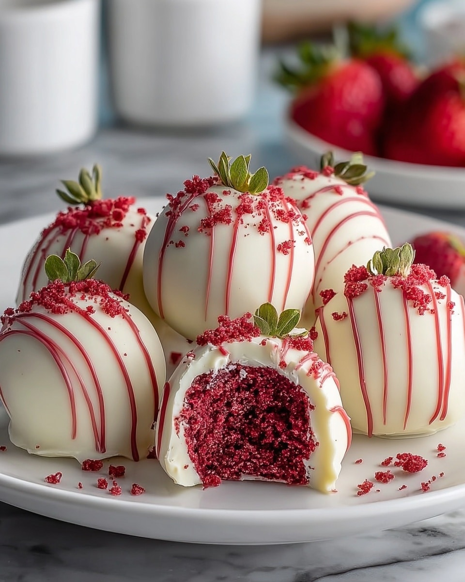 The image shows a white plate holding six red velvet cake balls covered with smooth white chocolate. Each ball is topped with a small green leafy stem and sprinkled with red cake crumbs, while thin red lines of drizzle run vertically down each ball. One cake ball is cut open in front, revealing a dense deep red inside with a creamy white outer layer of chocolate. The plate sits on a white marbled surface, with blurred red strawberries and white containers in the soft background. photo taken with an iphone --ar 4:5 --v 7