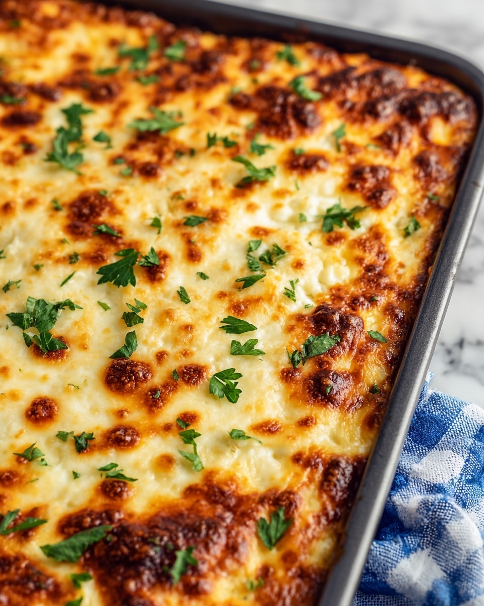 A close-up view of a baked casserole in a dark baking pan shows a single layer of golden brown melted cheese covering the top, with small browned spots and a slightly bubbly texture. Scattered fresh green parsley pieces add a pop of color on top of the cheese. The dark pan containing the casserole is placed on a white marbled surface with a blue and white checkered cloth next to it. photo taken with an iphone --ar 4:5 --v 7