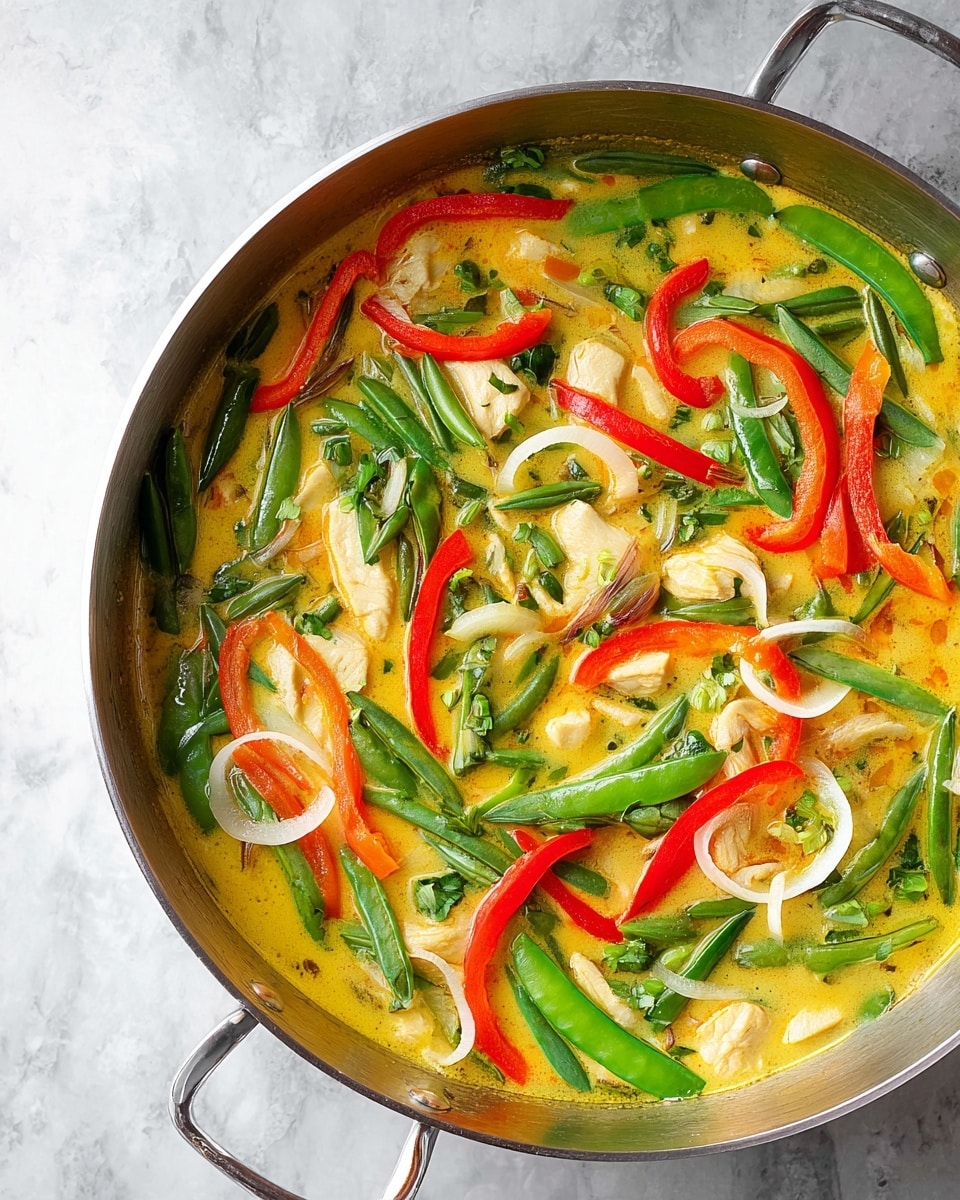 A close-up top view of a skillet filled with a colorful dish featuring a creamy yellow sauce as the base layer, dotted with pieces of white chicken. On top of the sauce and chicken are bright green snap peas and long slender green beans scattered throughout. Thin, curved slices of red bell pepper and translucent white onion rings float on the surface, adding vibrant color and texture contrast. The skillet has a silver handle and rests on a white marbled texture. The whole scene looks fresh and appetizing. photo taken with an iphone --ar 4:5 --v 7