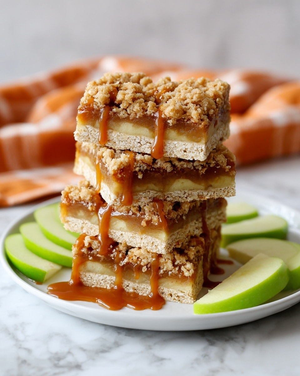 The image shows a stack of apple crumble bars on a white plate. Each bar has three layers: a light golden base, a thin middle layer of baked apple filling, and a thick top layer of crumbly oat streusel with a rough texture. The bars are drizzled with glossy caramel sauce that runs down the sides. Around the bars are slices of green apple, adding a fresh contrast. The plate sits on a white marbled surface with a blurred orange and white checkered cloth in the background. photo taken with an iphone --ar 4:5 --v 7