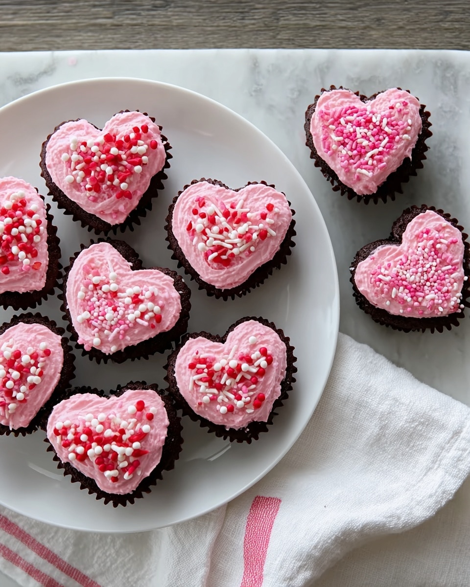 A white plate holds nine heart-shaped chocolate cupcakes topped with bright pink frosting, each with a thick layer of smooth, slightly swirled texture. The frosting is decorated with either small round red and white sprinkles or longer white and pink sprinkles scattered across the top. To the right of the plate, on a white marbled textured surface, there are three more cupcakes with the same pink frosting and sprinkles, placed close together. A white cloth with pink stripes lies under part of the plate. The contrast between the dark chocolate cupcakes and the vivid pink frosting makes the sweets look fresh and festive. photo taken with an iphone --ar 4:5 --v 7