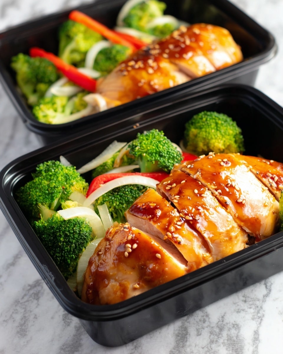 The image shows two black meal prep containers on a white marbled surface, each containing a meal with two main parts. In the front container, there is a sliced, glazed chicken breast placed on the right side; the chicken is golden-brown with a shiny sauce and sesame seed details. On the left side, there is a mix of bright green broccoli florets, white onion slices, and thin red bell pepper strips. The second container in the background has the same food layout and colors, slightly out of focus. The composition highlights the vibrant colors and textures of the chicken and vegetables in neat portions. photo taken with an iphone --ar 4:5 --v 7