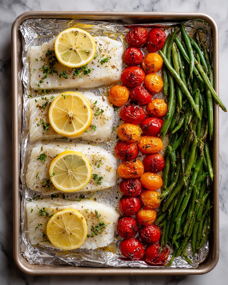A baking tray is filled with four white fish fillets, each topped with a lemon slice and sprinkled with green herbs and black pepper. To the right of the fish are two rows of roasted cherry tomatoes: one row of bright orange tomatoes and one row of red tomatoes, both slightly wrinkled from cooking. Along the far right edge of the tray is a neat row of cooked green beans, glistening with oil and speckled with black pepper. The tray is lined with foil and placed on a white marbled surface. photo taken with an iphone --ar 4:5 --v 7