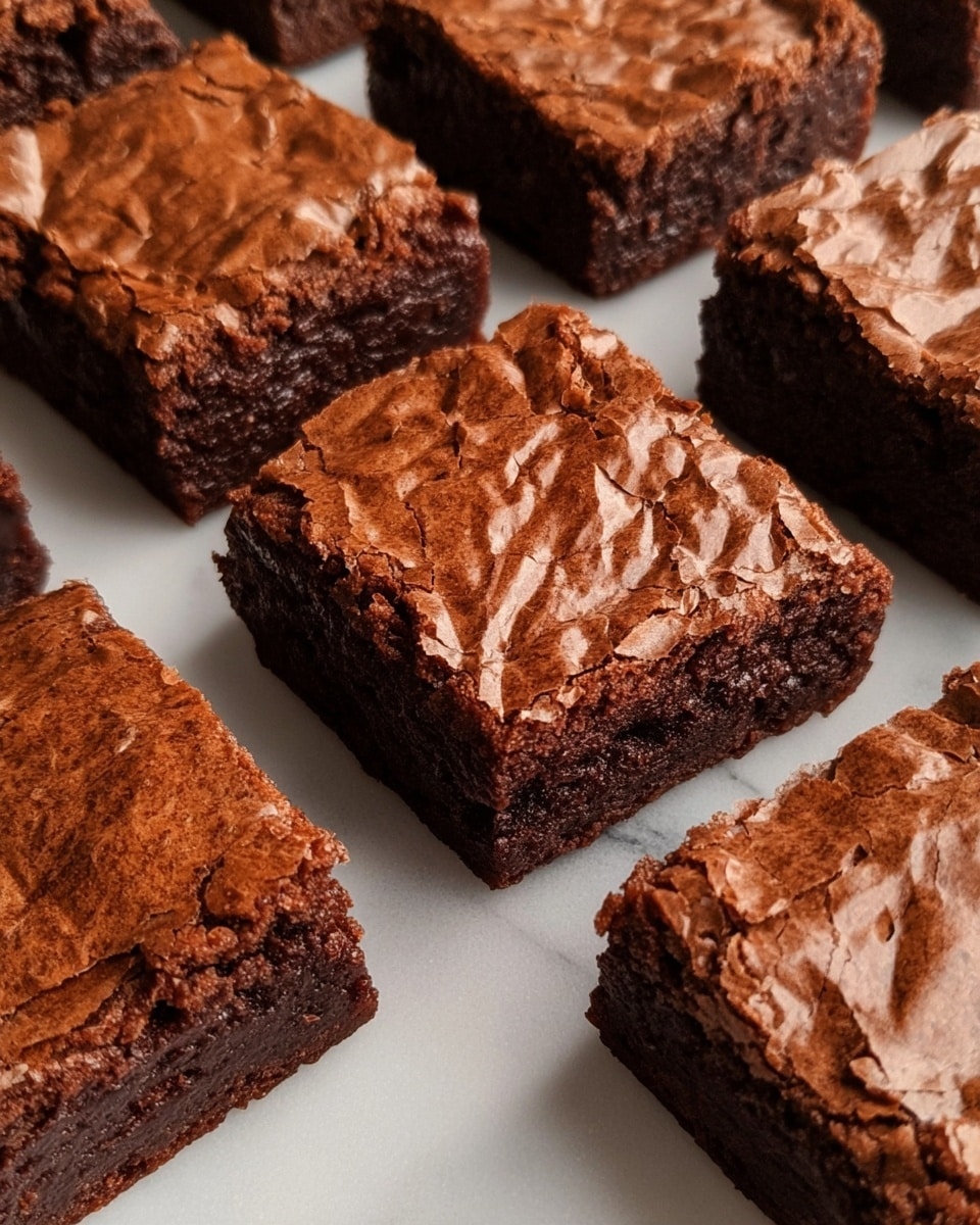 A close-up view of multiple square chocolate brownies arranged neatly on a smooth white marbled surface. Each brownie shows one layer of dark, rich, moist chocolate cake with a slightly cracked, shiny, and lighter brown top crust that looks crisp. The texture of the top layer has delicate folds and wrinkles. The brownies appear soft inside and the edges look dense and fudgy, all uniformly cut into even squares. Photo taken with an iphone --ar 4:5 --v 7