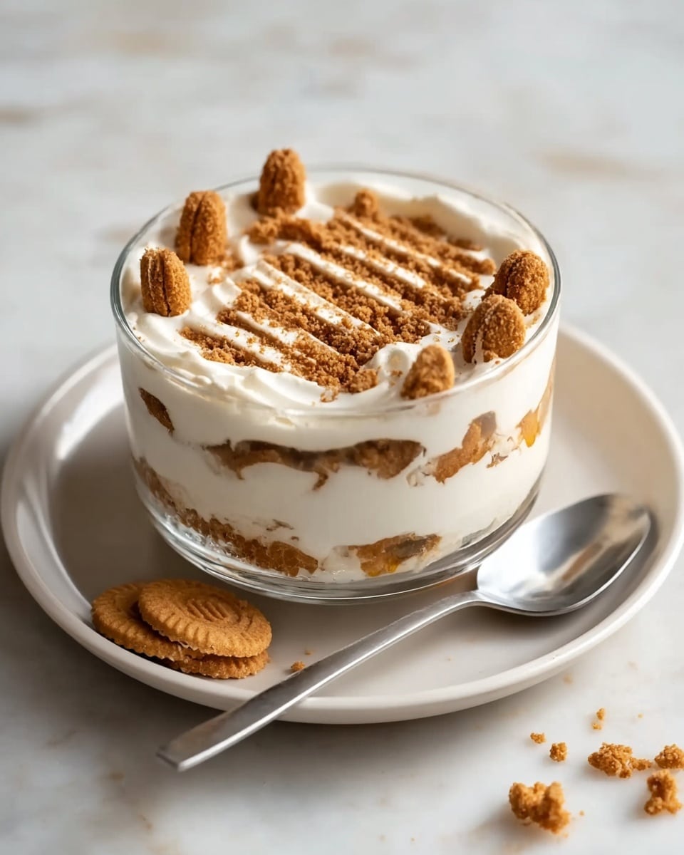 A clear glass bowl on a white plate holds a layered dessert with alternating layers of creamy white filling and light brown cookie crumbs, visible through the sides. The top layer is smooth white cream decorated with diagonal rows of crushed cookie crumbs and whole small cookies placed along the edges, giving a textured pattern. A silver spoon rests on the white plate beside the bowl, and a few cookie crumbs are scattered on the white marbled surface beneath the plate. photo taken with an iphone --ar 4:5 --v 7