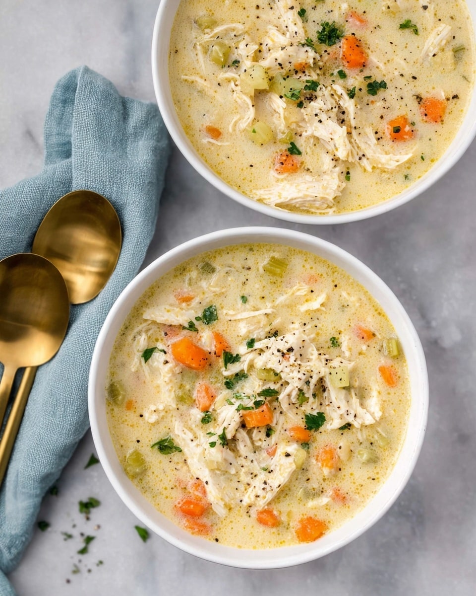 Two white bowls filled with creamy chicken and vegetable soup sit atop a white marbled surface. Each bowl contains a thick soup with visible layers of shredded white chicken, small orange carrot pieces, and light green celery bits, all immersed in pale yellow, creamy broth speckled with black pepper. Fresh green herbs are sprinkled on top, adding a pop of color. A light blue cloth napkin is placed next to one bowl, while two golden spoons rest beside the other bowl. The photo taken with an iphone --ar 4:5 --v 7