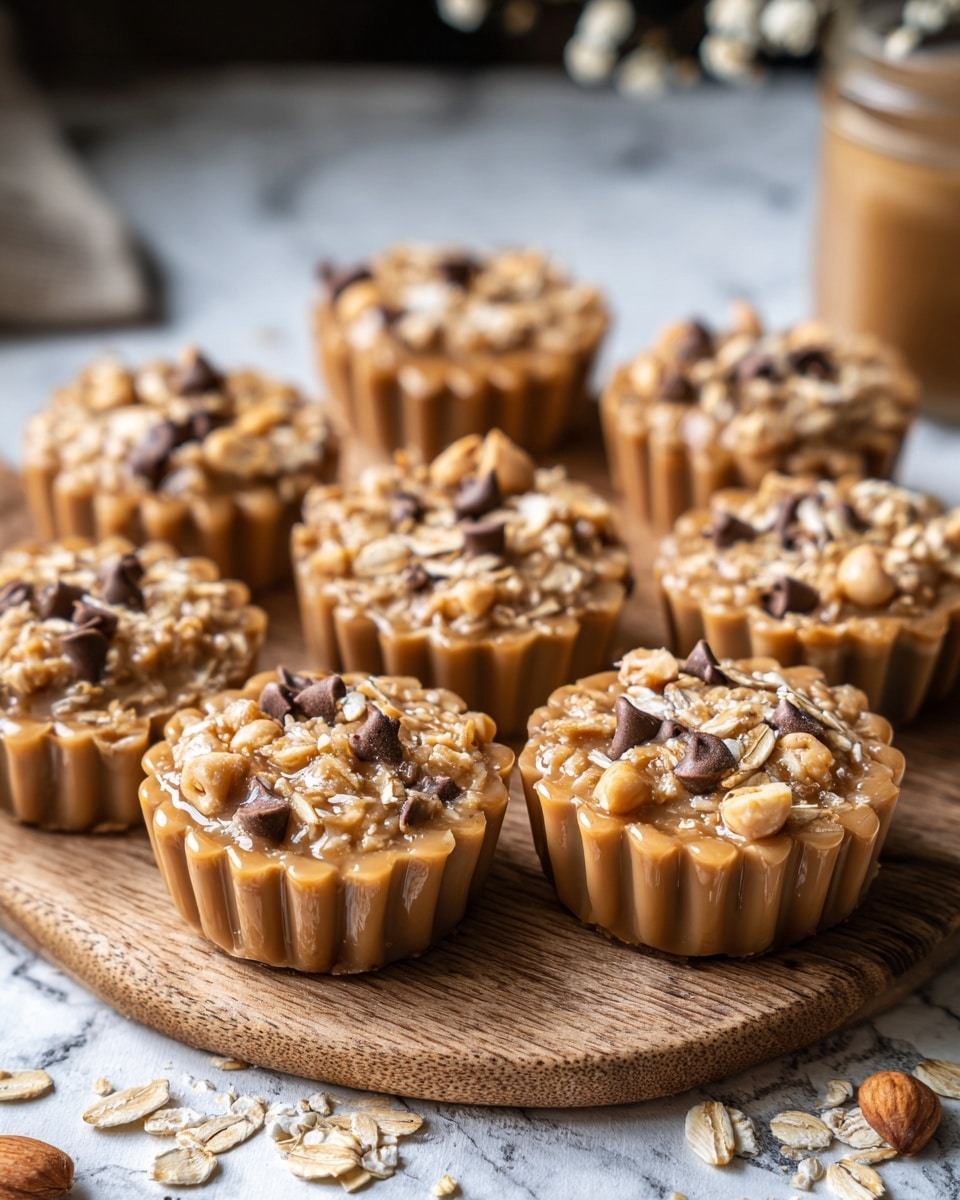The image shows several small cupcake-shaped treats arranged on a wooden board, each with a smooth, shiny caramel brown base crust that has fluted edges. The top layer is a glossy beige caramel mixture studded with oats, small chocolate chips, and peanuts, giving a textured and crunchy look. The treats are placed close together, with some oats and peanuts scattered around the board for decoration. The background is a white marbled texture with some blurred elements in soft light, creating a cozy and natural feel. photo taken with an iphone --ar 4:5 --v 7